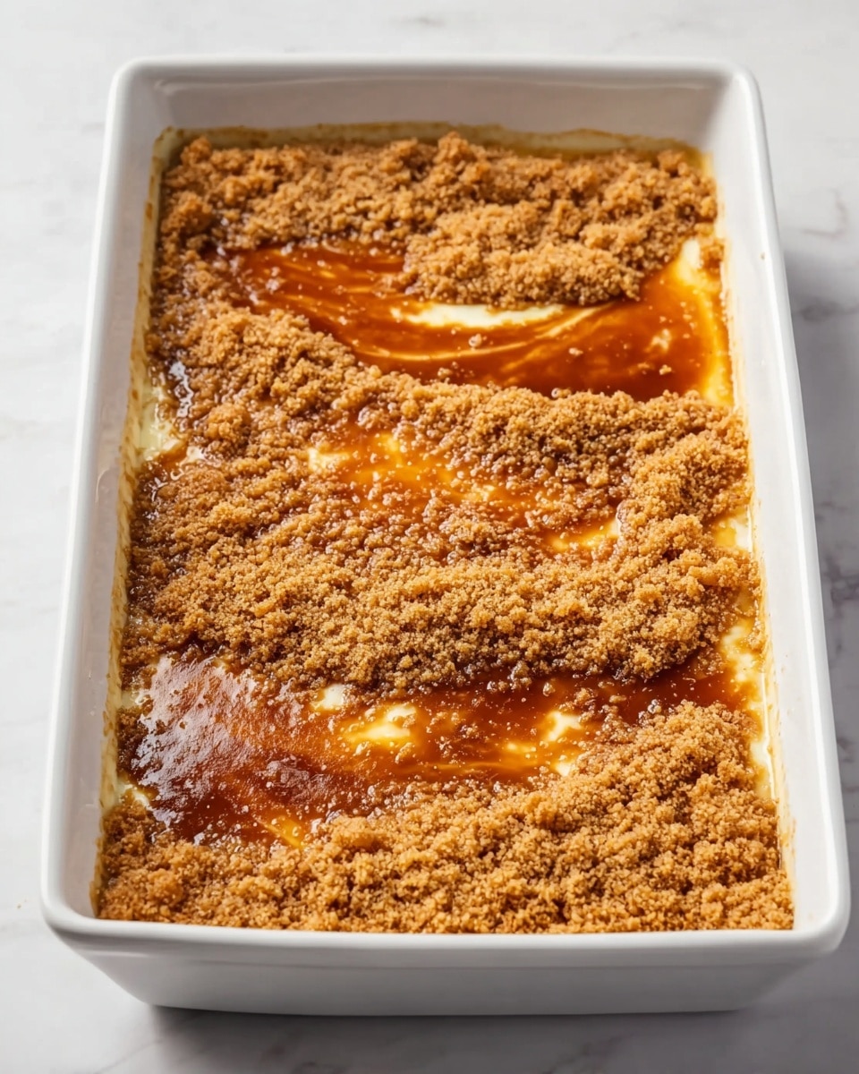 A white rectangular baking dish holds a dessert with a rough, crumbly golden brown topping spread around the edges and in patches across the surface. Beneath this topping, a shiny amber caramel sauce mingled with white creamy streaks creates a glossy, textured layer. The dish is placed on a white marbled surface, highlighting the warm colors of the dessert and the smooth, clean edges of the dish. photo taken with an iphone --ar 4:5 --v 7