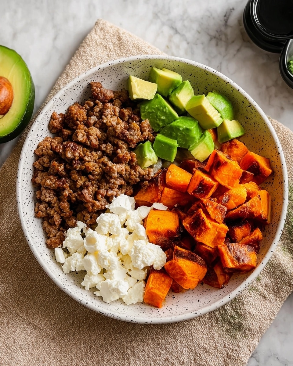 A bowl with four distinct layers sits on a beige cloth; the bowl is white with dark speckles. The bottom left layer is cooked, small pieces of browned meat with a slightly crumbly texture. To its right, there is a layer of cubed orange sweet potatoes with a shiny glaze and slightly charred edges. Above these two layers, a few chunks of bright green avocado with smooth, soft texture are placed neatly. Next to the avocado, white cottage cheese with soft, round curds forms the last layer. The bowl is on a white marbled textured surface. Photo taken with an iphone --ar 4:5 --v 7