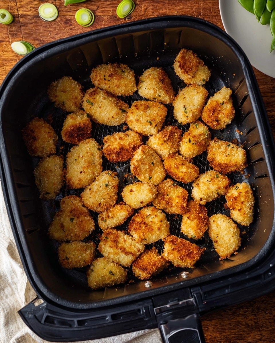 Inside a black air fryer basket filled with about thirty small, golden-brown breaded pieces that look crispy and uneven in shape, arranged in a single layer covering the bottom, the textures vary from smooth to crumbly with some darker spots showing light to medium browning. The basket rests on a wooden surface with scattered light green onion slices on one corner and part of a white cloth visible underneath. The top right edge of the image shows part of a white plate with green pea pods. The overall picture has warm tones and clear focus on the crispy pieces. photo taken with an iphone --ar 4:5 --v 7