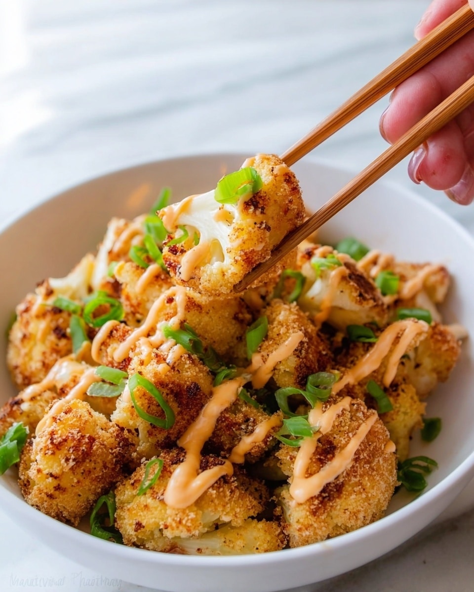 A white bowl filled with many pieces of golden brown fried cauliflower, each piece crispy and coated with a light breadcrumb layer. The cauliflower chunks are drizzled with an orange creamy sauce in thin lines. Bright green sliced scallions are scattered on top, adding a fresh pop of color. Using wooden chopsticks held by a woman's hand, one piece of cauliflower is lifted from the bowl. The bowl sits on a white marbled surface. photo taken with an iphone --ar 4:5 --v 7