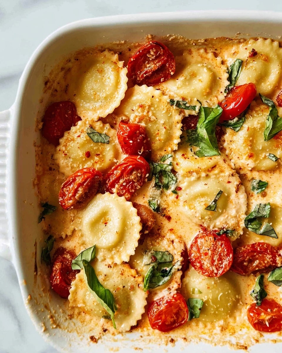 The dish shows a close-up of a white baking dish filled with round, scalloped-edge ravioli pasta with a creamy, light orange sauce coating each piece. Bright red roasted cherry tomatoes and fresh green basil leaves are scattered between the ravioli, adding pops of color and texture. The creamy sauce looks smooth and soft, lightly browned in some spots on the edges of the dish. The overall look is warm and inviting with a mix of creamy, soft pasta, juicy roasted tomatoes, and fresh herbs on a white marbled surface. Photo taken with an iphone --ar 4:5 --v 7