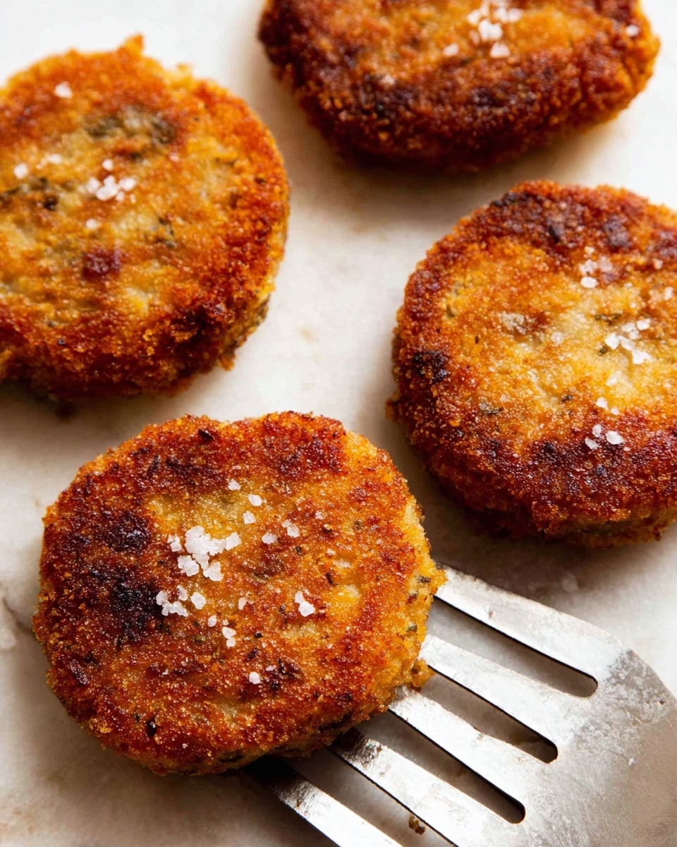 The image shows four golden-brown fried patties with a rough, crunchy texture on a white marbled surface. Small grains of coarse salt are sprinkled on top of the patties, adding a sparkling effect. The patties are round and slightly flat, with an uneven, crispy crust visible on their edges. A metal spatula with a flat, slotted surface sits near one patty, partially visible in the foreground. The overall look is warm and appetizing with a close-up focus on the fried patties. photo taken with an iphone --ar 4:5 --v 7