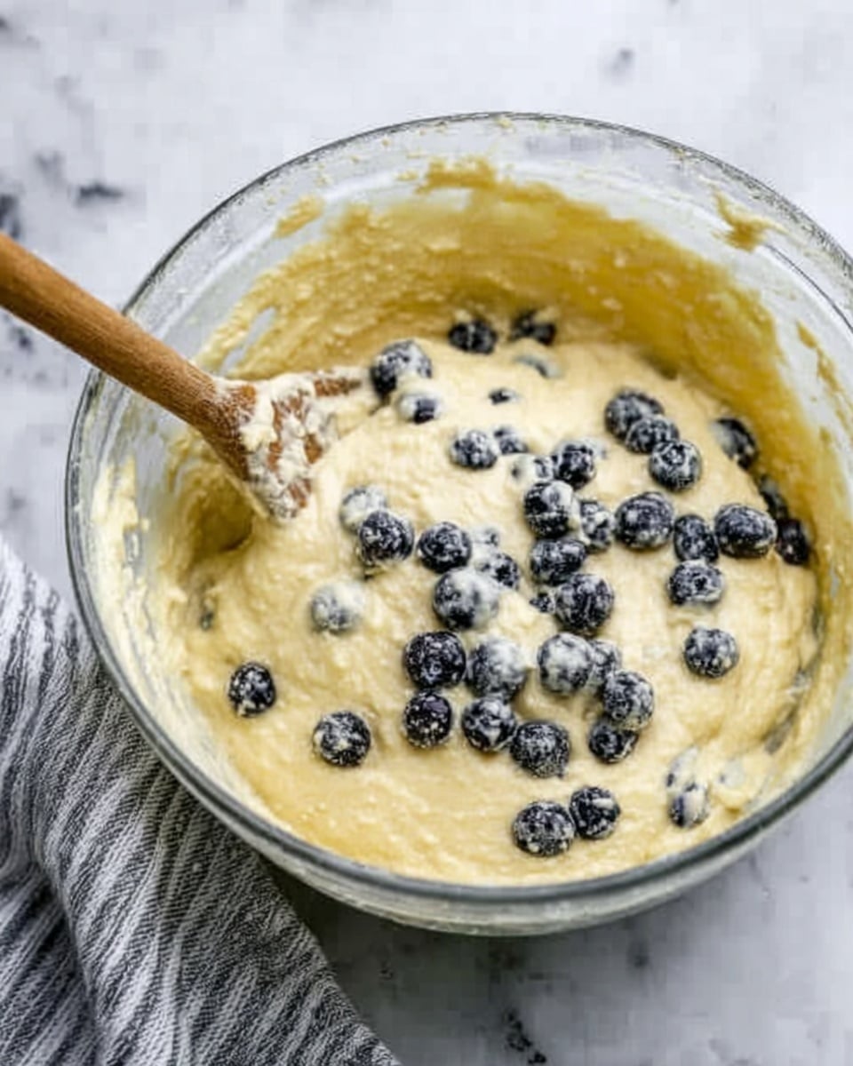 A close-up view of a clear glass bowl filled with creamy pale yellow batter mixed with whole blueberries scattered throughout. A wooden spoon rests inside the bowl, partially covered with the batter, as if just stirred. The bowl sits on a white marbled surface, with part of a gray and white striped cloth visible to the side. The texture of the batter is smooth and slightly thick, with the blueberries adding dark blue spots on top. photo taken with an iphone --ar 4:5 --v 7