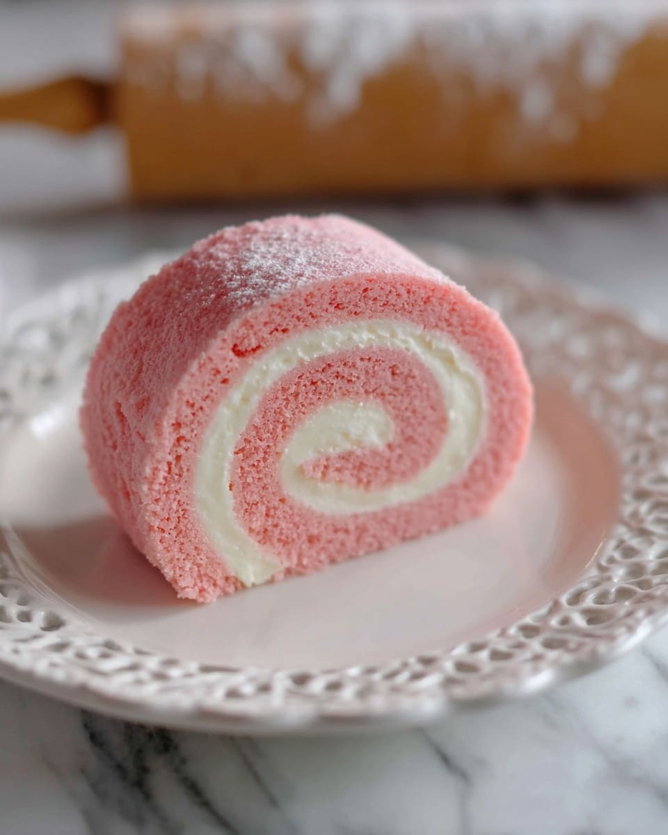 A pink rolled cake dusted with a light layer of white powdered sugar, showing two visible layers: a soft pink outer sponge layer and a creamy white inner cream layer, tightly rolled and placed on a wooden board with some powdered sugar scattered around. The background has a soft, blurred effect with a creamy white cloth partially visible. photo taken with an iphone --ar 4:5 --v 7