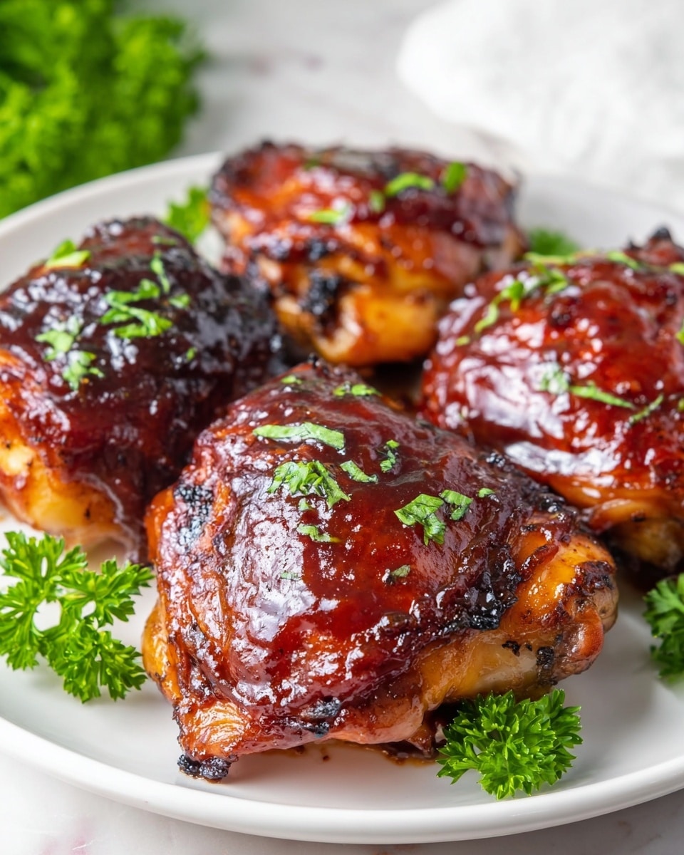 A white plate holds five pieces of grilled chicken with a shiny, dark brown glaze that looks sticky and caramelized. The chicken pieces have a mix of dark and reddish-brown tones with some charred spots on the edges. Small green parsley leaves are sprinkled on top of the chicken and around the plate, adding a fresh touch. Next to the plate, there is a white bowl with dark barbecue sauce and a white brush resting inside it. The scene is set on a white marbled surface with some extra parsley leaves scattered around. photo taken with an iphone --ar 4:5 --v 7