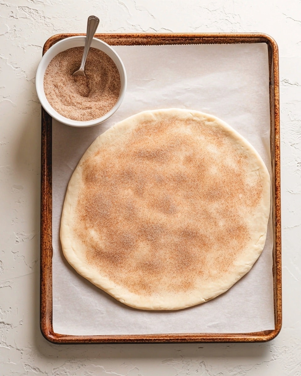 A round flat dough lays on a baking sheet lined with parchment paper, spreading evenly with a light beige color. On top of the dough, there is a thin layer of light brown cinnamon sugar sprinkled all over. Next to the dough, on the top left corner of the baking sheet, sits a small white bowl filled with more cinnamon sugar mix, with a spoon resting inside it. The surface beneath is a white marbled texture. photo taken with an iphone --ar 4:5 --v 7