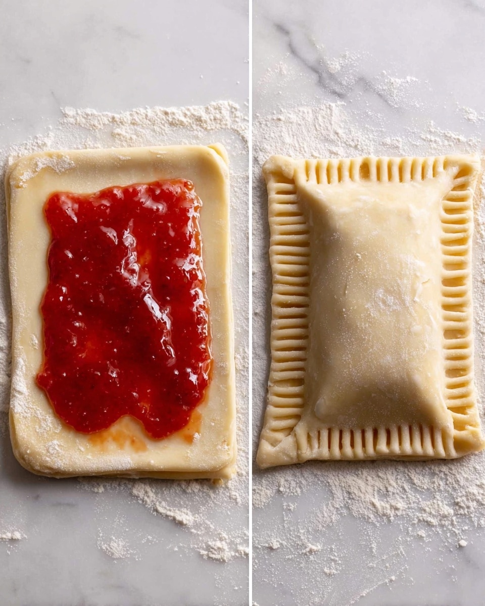 The image shows two close-up views of a rectangular piece of dough on a white marbled texture with some flour scattered around. On the left side, the dough layer is flat with a shiny, thick layer of red jam spread in the center, leaving some dough edges clean. On the right side, the same dough rectangle is folded over the jam, forming two layers of dough. The edges are pressed and sealed with fork marks all around, creating a neat, crimped border. The dough surface looks smooth and slightly glossy, likely from an egg wash, and the entire setup is on a white baking tray photo taken with an iphone --ar 4:5 --v 7
