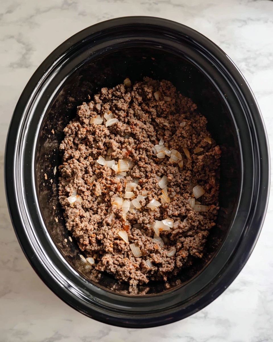 Inside a black slow cooker, there is one layer of cooked ground beef mixed with small pieces of cooked onions. The ground beef is brown with a crumbly texture, and the onions are translucent white with a soft look spread evenly throughout the meat. The slow cooker is placed on a white marbled surface. Photo taken with an iphone --ar 4:5 --v 7