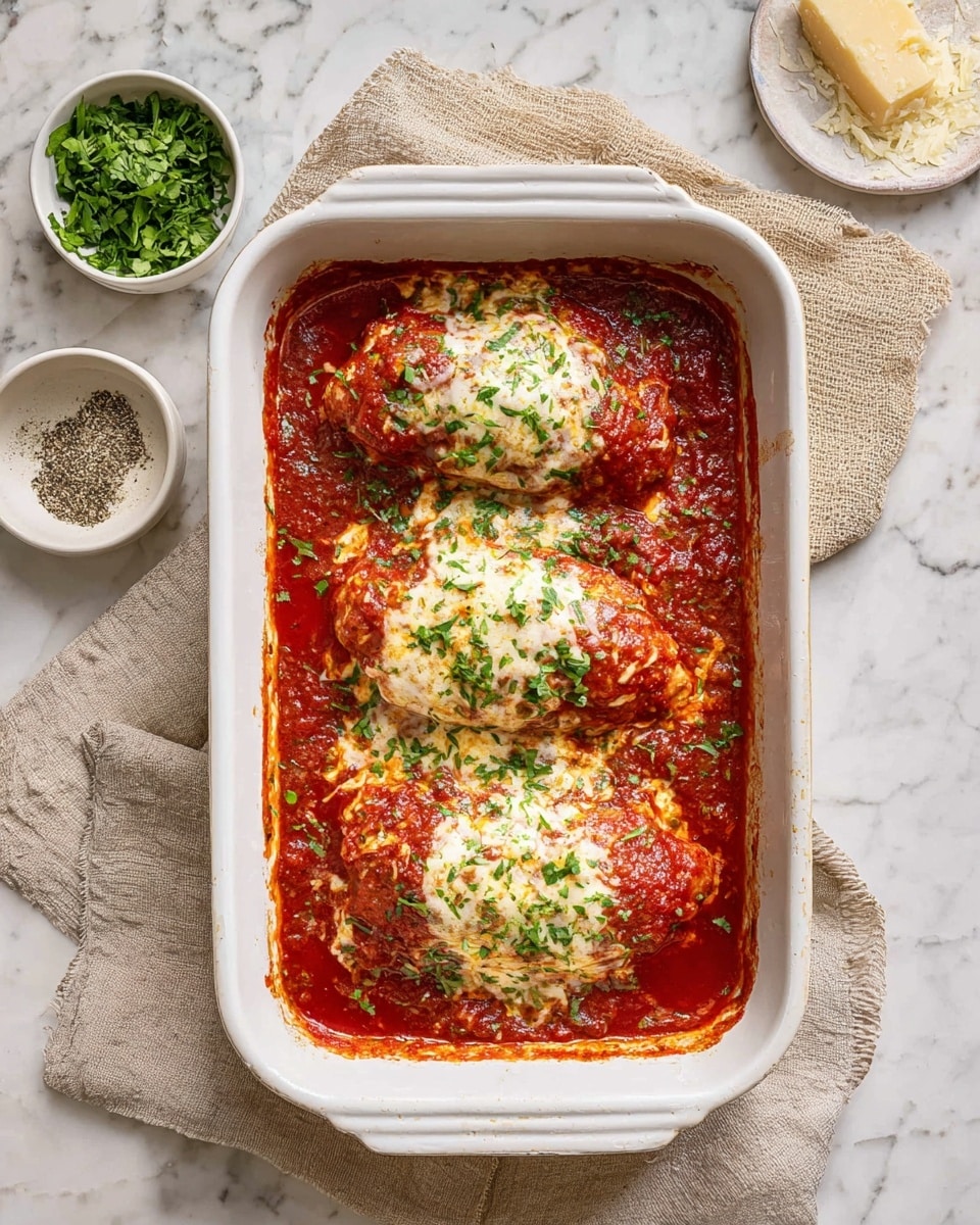 The image shows a white rectangular baking dish filled with three large pieces of chicken covered in red tomato sauce and topped with melted white cheese sprinkled with green herbs. The sauce is thick and chunky, spreading around the chicken pieces. The dish rests on a beige cloth on a white marbled surface. Around the baking dish, there are small white bowls with chopped green herbs, black pepper, and grated cheese with a cheese wedge visible. Photo taken with an iphone --ar 4:5 --v 7