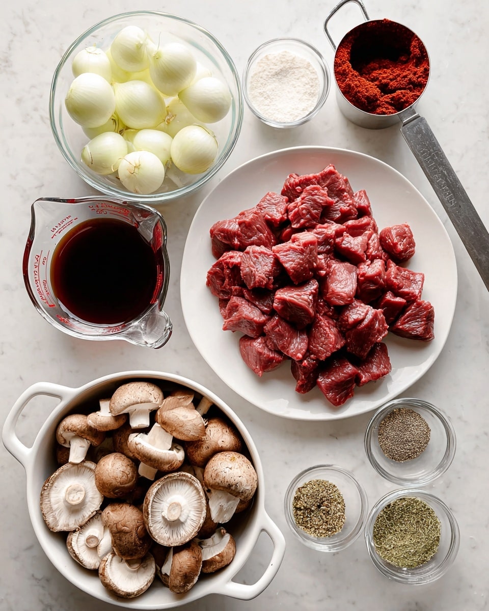 The image shows six separate containers of cooking ingredients arranged on a white marbled surface. In the center right, a white plate holds a pile of raw cubed red meat. Below that, a white bowl with two handles is filled with sliced brown mushrooms, showing their light and dark tones and varied shapes. To the left of the mushrooms, a clear glass measuring cup contains a dark red liquid. Above the liquid, a white bowl is full of small whole pearl onions, mostly white with some light green tips. Above that, a clear small bowl contains a white powdery substance. To the right of the powder, a small, round speckled bowl holds a mix of dry spices in separate sections of white, black, light brown, and green colors. In the top right corner, a metal measuring cup filled with bright red paste rests on the surface. photo taken with an iphone --ar 4:5 --v 7