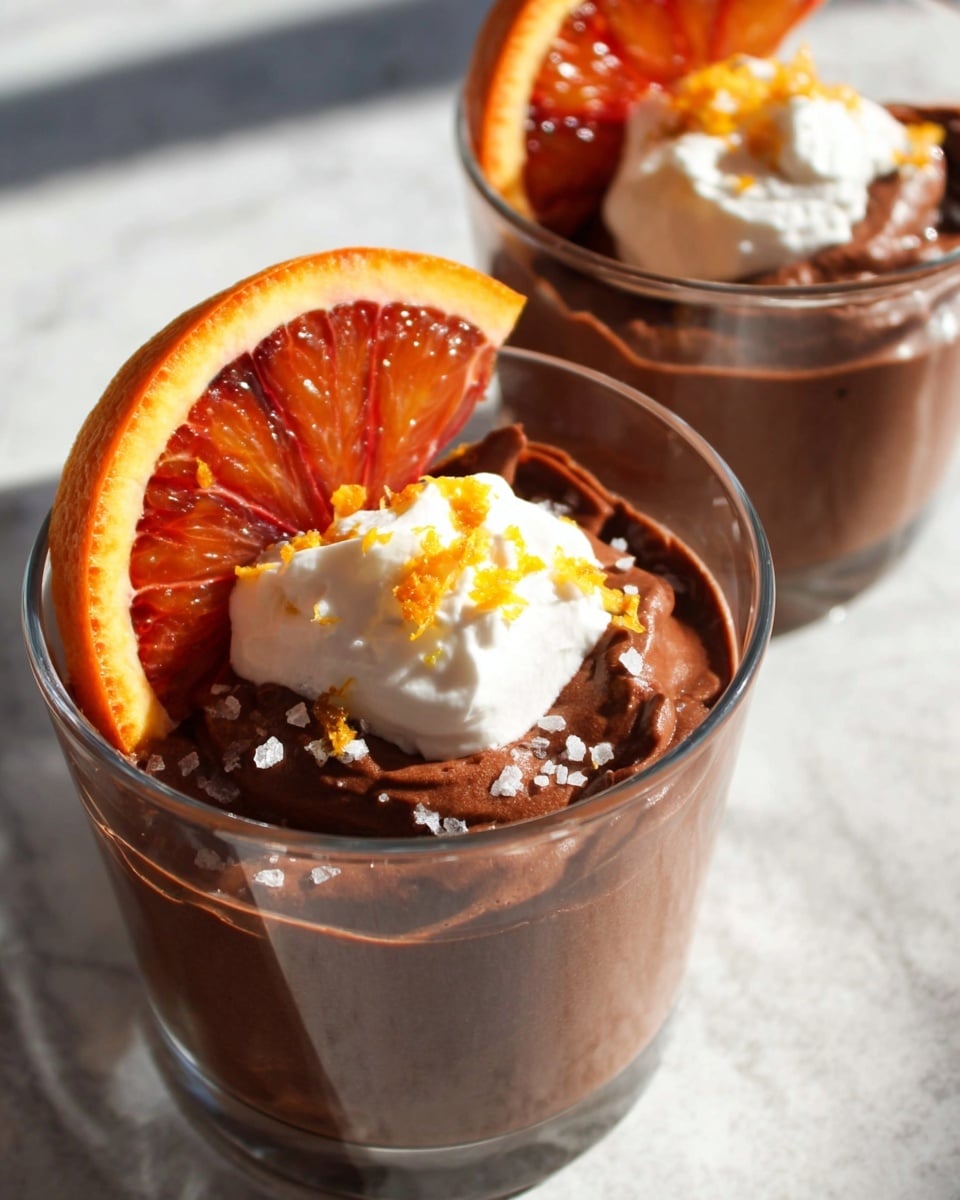 Two clear glass cups each hold a rich, dark brown chocolate mousse with a smooth, creamy texture. The mousse fills most of the cups in a thick layer. On top, there is a bright orange blood orange slice leaning against the mousse in each cup. The front cup has an extra layer of white whipped cream on top of the orange slice, sprinkled with small bits of orange zest. There are also small, coarse salt flakes visible on the chocolate mousse. The cups are placed on a white marbled surface with bright natural light casting soft shadows. photo taken with an iphone --ar 4:5 --v 7