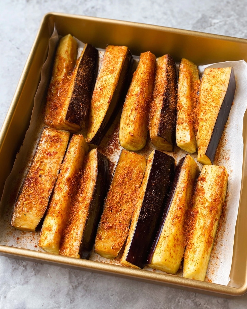 The image shows a gold baking tray lined with white parchment paper, filled with large, thick eggplant wedges. Each wedge has two visible layers: a smooth, dark purple skin on the outside and an inside layer with a light golden yellow color, coated evenly with a reddish-brown spice mix giving it a slightly rough texture. The wedges are arranged in two neat rows, with the darker skin side facing inward in the middle, creating a contrast with the brighter seasoned flesh. The tray sits on a white marbled surface. Photo taken with an iphone --ar 4:5 --v 7