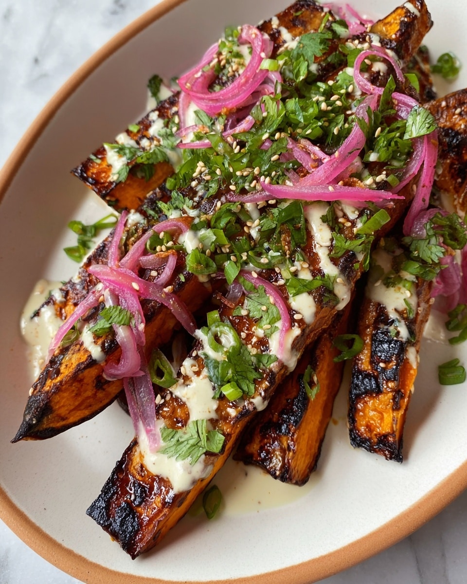 The dish shows several long roasted sweet potato wedges with crispy, slightly charred edges arranged closely in a white plate. The orange of the sweet potato is vibrant with a dark brown crust from roasting. On top, there are thin, curly slices of bright pink pickled onions scattered between the wedges. A creamy white sauce is drizzled unevenly over the sweet potatoes, with some pools on the plate. Fresh green chopped herbs, likely cilantro or parsley, are sprinkled generously on top, adding a fresh touch. Small white sesame seeds are scattered over the entire dish. The plate sits on a white marbled surface photo taken with an iphone --ar 4:5 --v 7