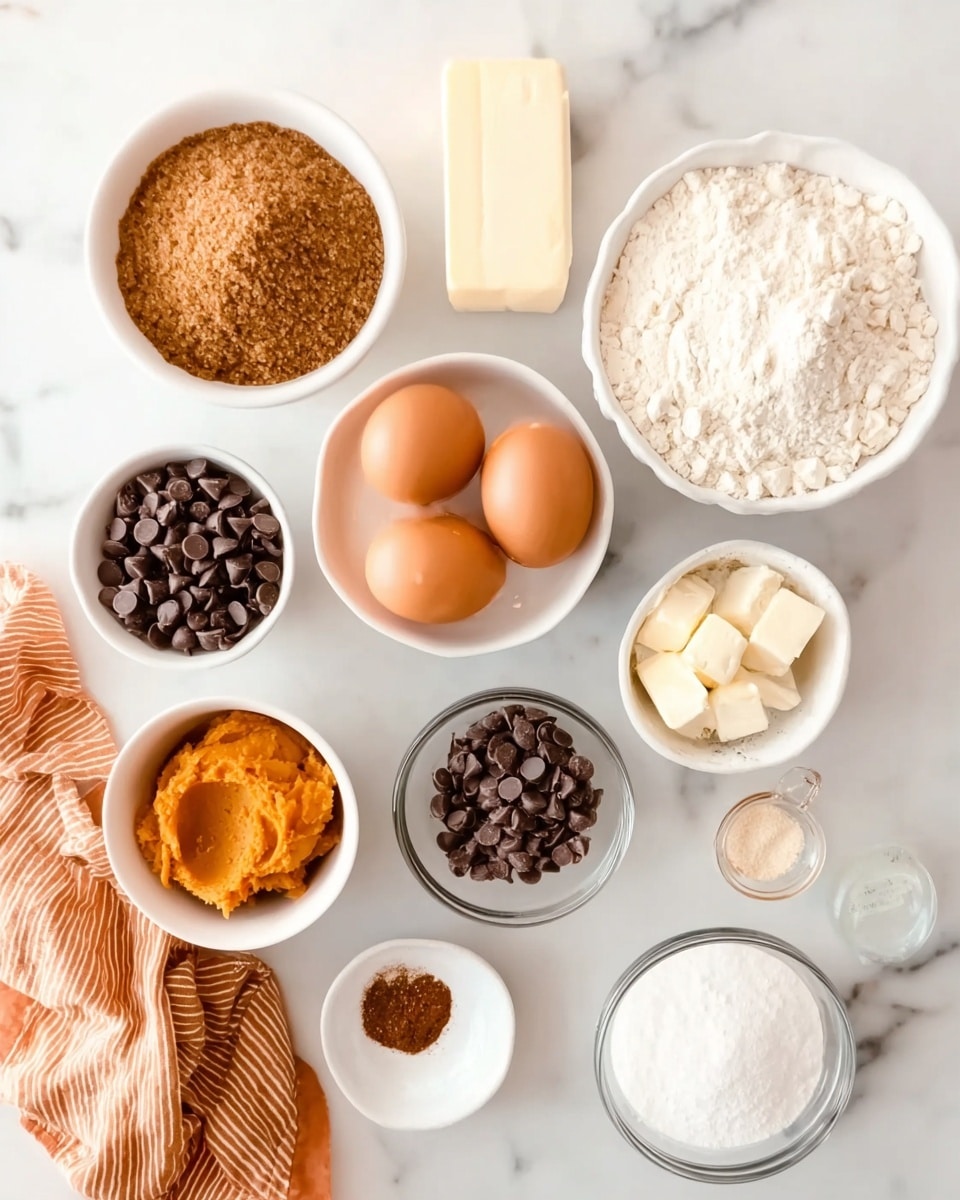 A top-down view of various baking ingredients neatly placed in small white bowls and clear containers on a white marbled surface. The setup includes a bowl of brown sugar, a small bowl with three brown eggs, white sugar in a larger clear bowl, and a stick of butter. There are also small bowls containing vanilla extract, flour, chocolate chips, pumpkin puree, and cream cheese. Two small bowls hold baking soda and ground spices. A folded orange and white striped cloth is partially visible in the lower left corner, adding a soft texture and warm color contrast. The overall arrangement is clean and organized for a baking preparation scene. photo taken with an iphone --ar 4:5 --v 7