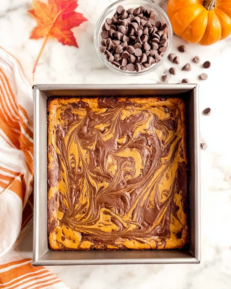 A square baked dessert inside a silver baking pan with a swirled top layer of dark brown and orange colors creating a marbled pattern. The dessert fills the pan completely with a slightly cracked texture on the surface. Above the pan is a small clear cup filled with chocolate chips and some scattered chips nearby. The dessert is placed on a white marbled surface with a partially visible orange and white striped cloth on the bottom left corner and an autumn leaf near the top left. Photo taken with an iphone --ar 4:5 --v 7