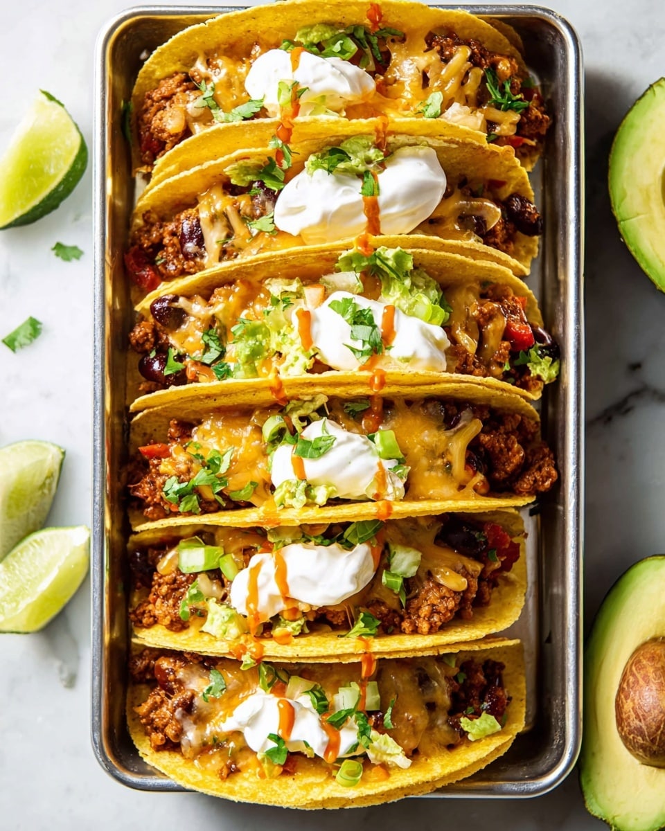 The image shows a metal tray filled with six taco shells standing upright side by side, each taco shell is yellow and crispy. Inside each shell, there is a layer of cooked ground meat mixed with black beans and a red sauce, topped with a thick layer of melted golden cheese. On top of each taco, there is a dollop of white sour cream with a drizzle of orange sauce, scattered chopped green onions, and small cilantro leaves. The tray is placed on a white marbled surface with two lime wedges and a halved avocado with a brown pit visible on the right side. The photo taken with an iphone --ar 4:5 --v 7
