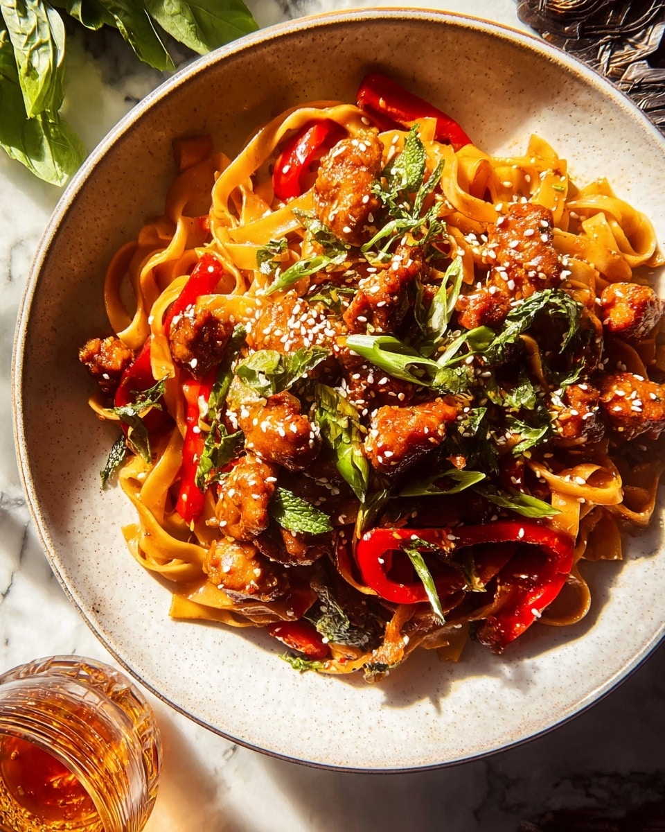 A white plate filled with three layers: at the bottom, wide flat light brown noodles slightly curled and twisted; the middle layer has bright red sliced bell peppers and green scallion slices scattered around; the top layer has small, crispy browned pieces of chicken sprinkled with white sesame seeds and fresh green herbs evenly spread. The plate is placed on a white marbled surface with some natural light and a glass of amber drink visible at the bottom right. photo taken with an iphone --ar 4:5 --v 7