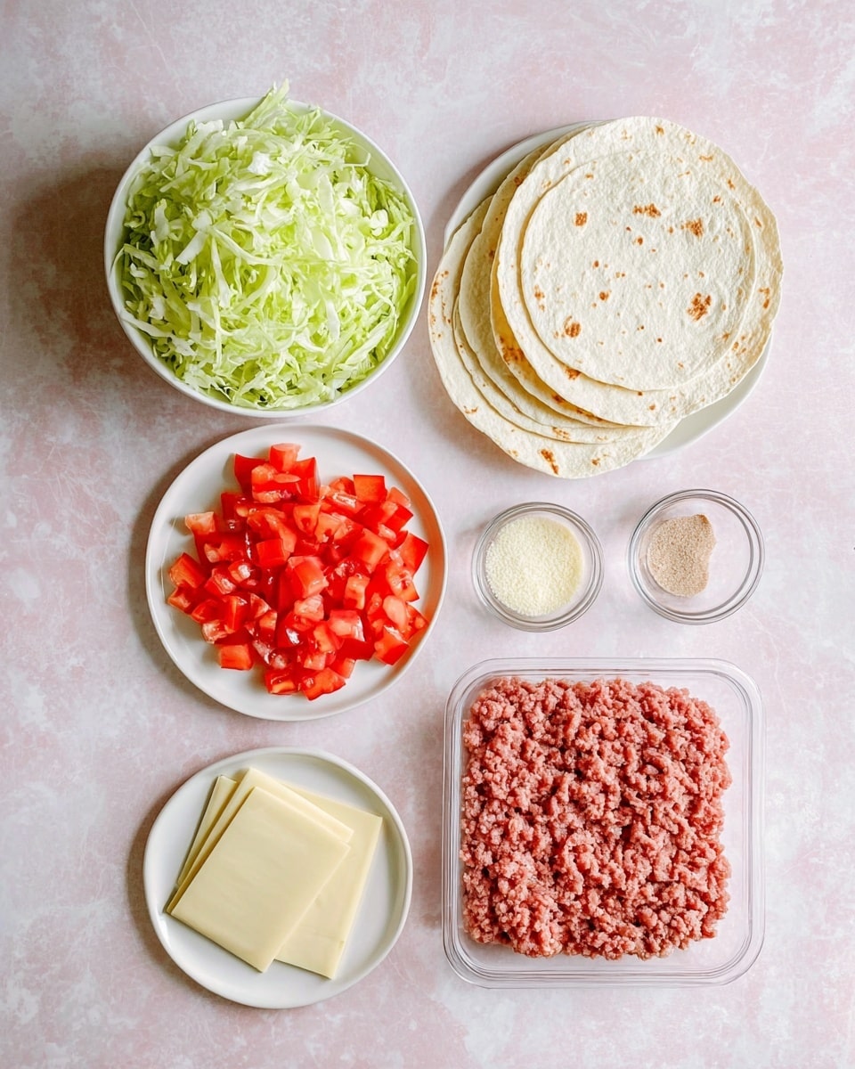 The image shows an overhead view of food ingredients arranged neatly on a white marbled surface. There is a bowl filled with shredded light green lettuce at the top left. To the right of the lettuce is a white plate holding diced bright red tomatoes. Below the tomatoes is another white plate with four soft white tortillas stacked on it. At the bottom left, there is a white plate with several slices of pale yellow cheese. To the right of that plate is a clear plastic container with raw ground meat, pinkish in color. Near the meat, there are two small glass containers with light beige seasoning powders. photo taken with an iphone --ar 4:5 --v 7