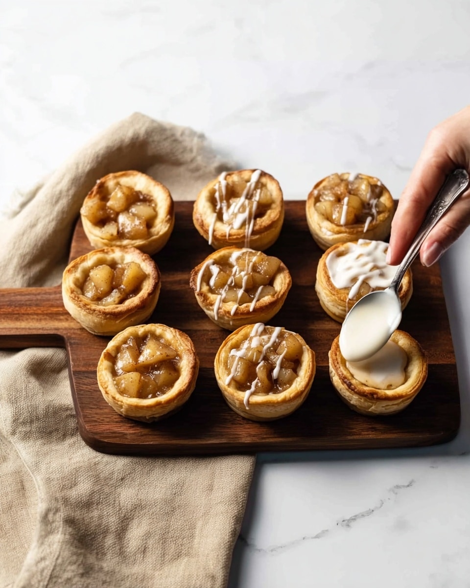 The image shows eight small round pastries arranged on a dark wooden board. Each pastry has a golden-brown crust with a filling made of cooked apple pieces that look soft and juicy. Some pastries are topped with a drizzle of white icing, creating a contrast against the brown apple filling, while others are left plain. A woman's hand is gently pouring or placing a dollop of white cream or icing onto one of the pastries with a spoon. To the left of the wooden board, there is a beige cloth napkin. The background surface is a white marbled texture. Photo taken with an iphone --ar 4:5 --v 7