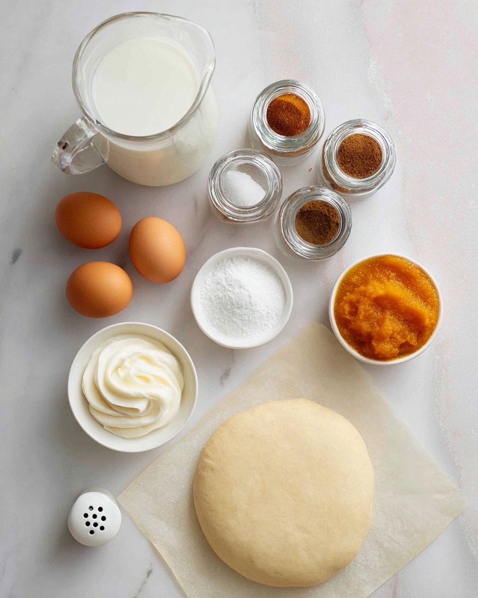 The image shows several baking ingredients laid out on a white marbled surface. At the bottom right, there is a smooth, round dough circle resting on parchment paper. Above the dough, four glass jars with silver lids contain different brown spices, lined up diagonally. To the left of these jars, a small round white salt shaker with three holes is placed near three brown eggs arranged in a triangle shape. Above the eggs, three small white bowls are arranged in a curve: one holds a swirl of white cream or butter, the next is filled with white granulated sugar, and the last contains a thick, bright orange puree. To the top left, a clear glass pitcher is filled with a white liquid, likely milk. The overall setup looks clean and organized on the white marbled surface photo taken with an iphone --ar 4:5 --v 7