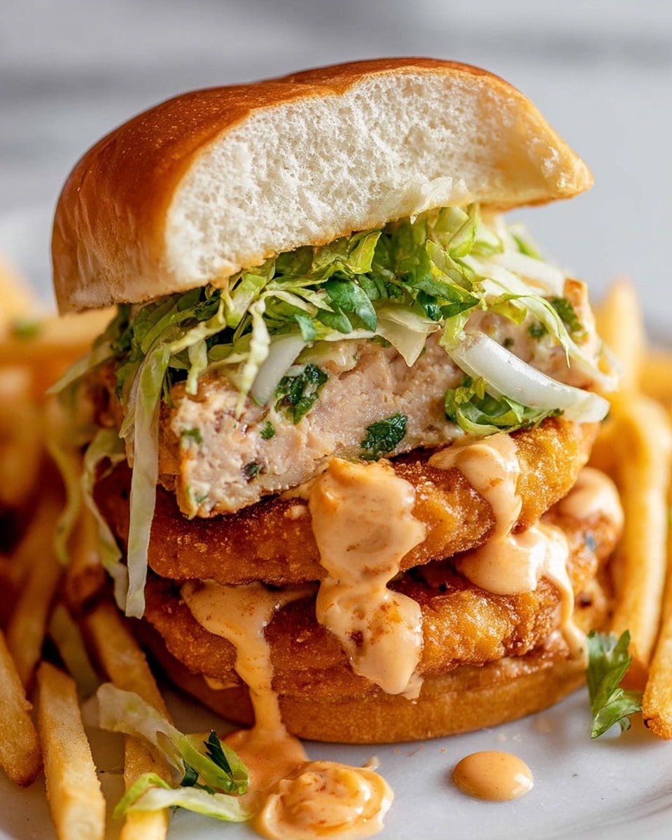 A close-up view of a two-layer sandwich with a top layer showing a white bread bun partly lifted to reveal a thick, light-colored patty with green herbs inside, topped with shredded green lettuce and a creamy orange sauce, and thin white onion slices underneath the lettuce. The bottom layer features a golden-brown crispy patty on the bottom bun with more orange sauce and green lettuce pieces scattered around. The sandwich is surrounded by golden French fries and placed on a white marbled surface. Photo taken with an iphone --ar 4:5 --v 7