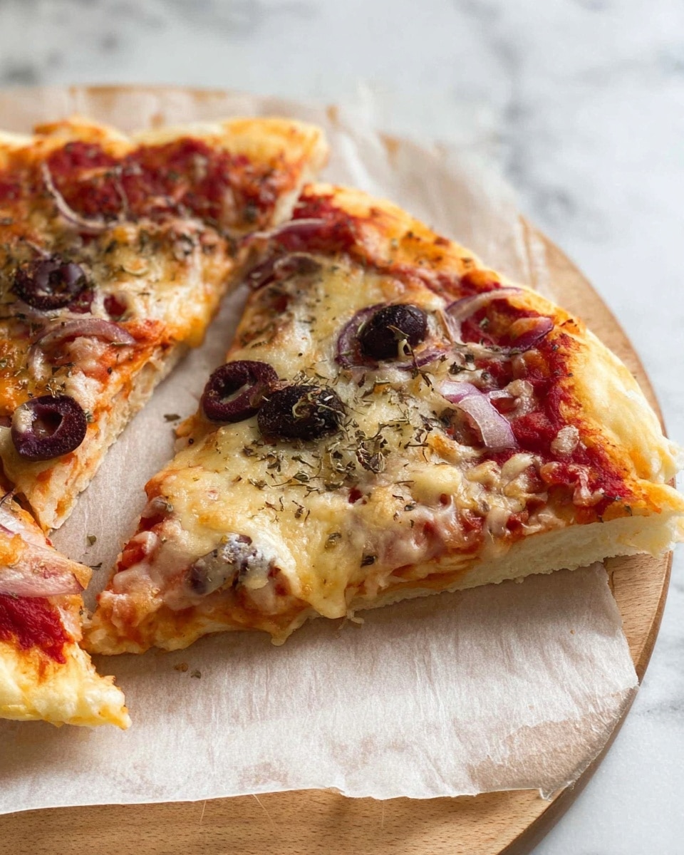 The image shows two slices of pizza on parchment paper over a round wooden board. Each slice has three main layers: a thick, fluffy light golden crust at the bottom, a bright red tomato sauce layer in the middle, and a melted cheese layer on top that is light golden with some brown spots. The pizza is topped with sliced black olives, pieces of purple onion, and sprinkled green dried herbs. The texture of the cheese looks stretchy and slightly bubbly, while the crust looks soft and thick. The background is a white marbled texture. photo taken with an iphone --ar 4:5 --v 7