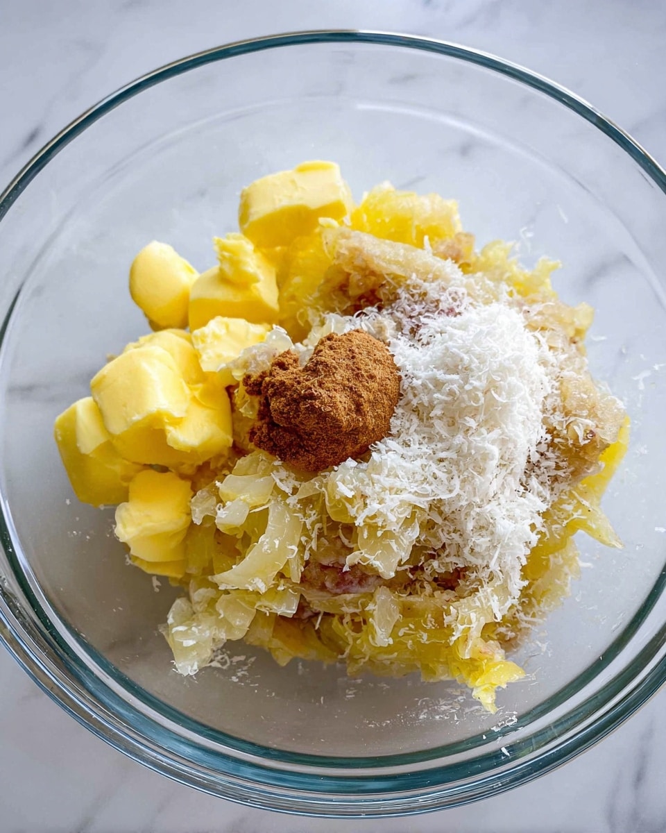 A clear glass bowl sits on a white marbled surface, holding several distinct layers of ingredients. On the left, there are bright yellow chunks of butter. Next to the butter, a mixture of soft, pale yellow and light brown cooked onions creates a textured layer. Near the onions, a small brown dollop of what looks like a paste or seasoning is present. On top, finely grated white cheese is sprinkled, adding a light, powdery texture that contrasts with the smoother layers below. photo taken with an iphone --ar 4:5 --v 7
