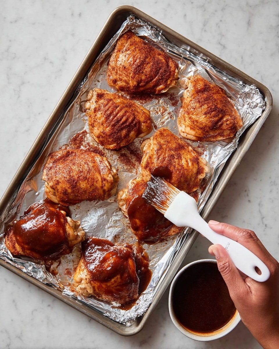 The image shows a baking tray lined with foil holding eight pieces of seasoned chicken thighs arranged in two rows. Four pieces in the top row have a spicy dry rub with rich reddish-brown tones, while the four pieces in the bottom row are being brushed with a shiny, dark brown sauce creating a glossy layer. A woman's hand holds a white silicone brush spreading the sauce on one piece near the bottom right. In the bottom right corner, there is a small white bowl filled with the same dark sauce. The background is a white marbled surface. photo taken with an iphone --ar 4:5 --v 7