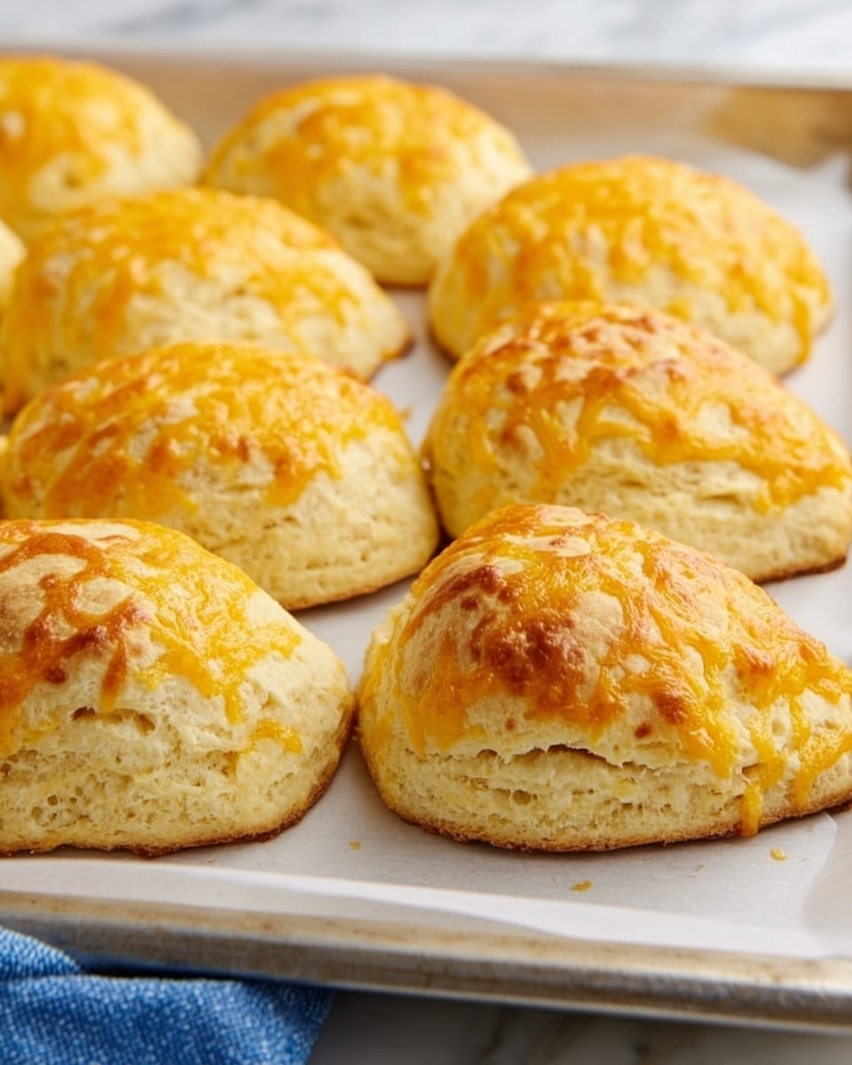 A close-up view of eight golden, fluffy scones arranged neatly on white parchment paper over a metal baking tray. Each scone is half-circle shaped with a light brown crust and visible layers inside that show a soft, airy texture. The tops of the scones are sprinkled with melted, slightly browned cheese creating a warm orange-yellow pattern that contrasts with the pale dough. The white marbled surface under the tray is partially visible on one side, along with a folded blue cloth near the tray edge. photo taken with an iphone --ar 4:5 --v 7