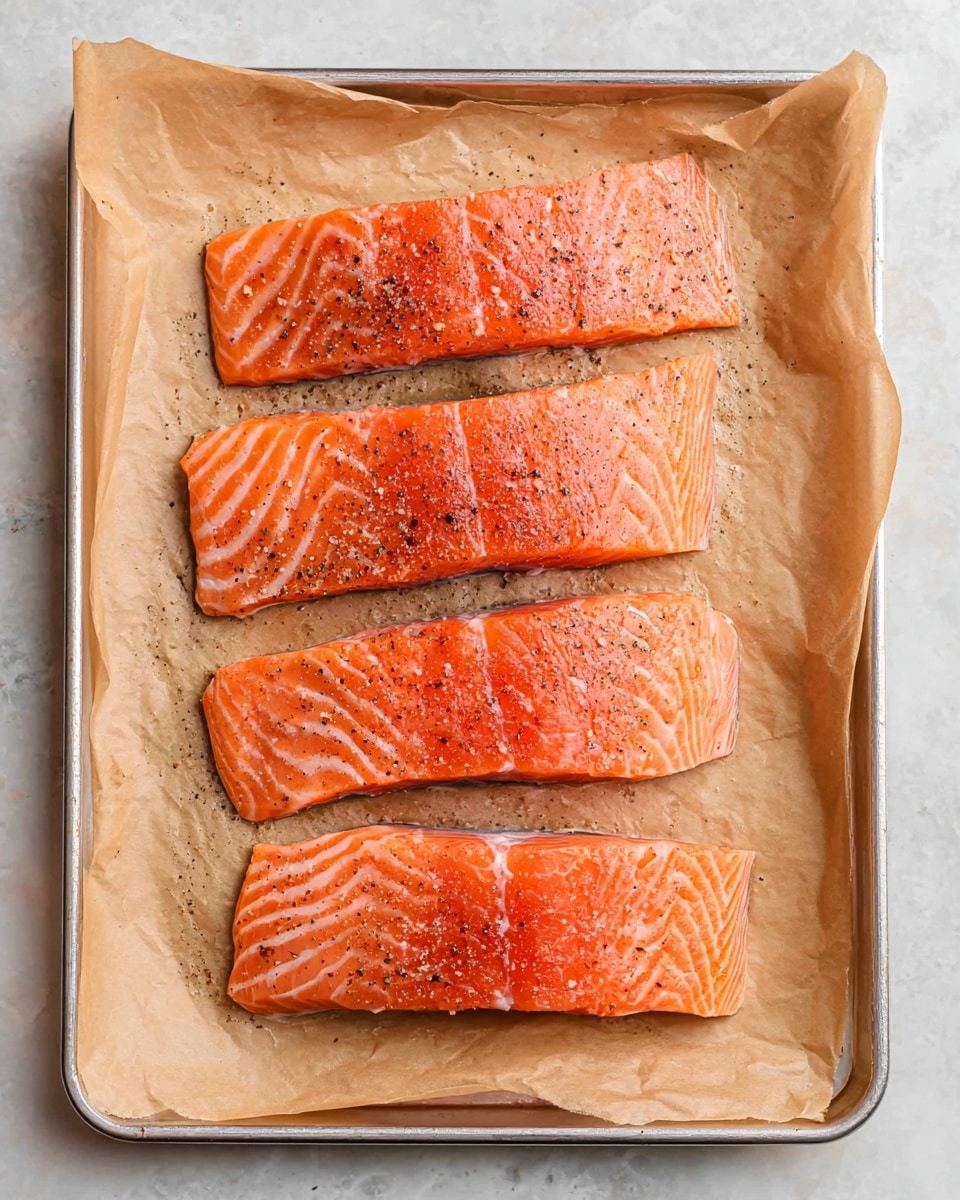 Four pieces of raw salmon fillets are placed side by side on a sheet of light brown parchment paper that lines a metal baking tray. Each salmon piece has a bright orange color with visible white lines running through the flesh and a bit of black pepper and seasoning sprinkled on top. The fillets have a smooth and moist texture with slight gloss on the surface. The baking tray sits on a white marbled surface. photo taken with an iphone --ar 4:5 --v 7
