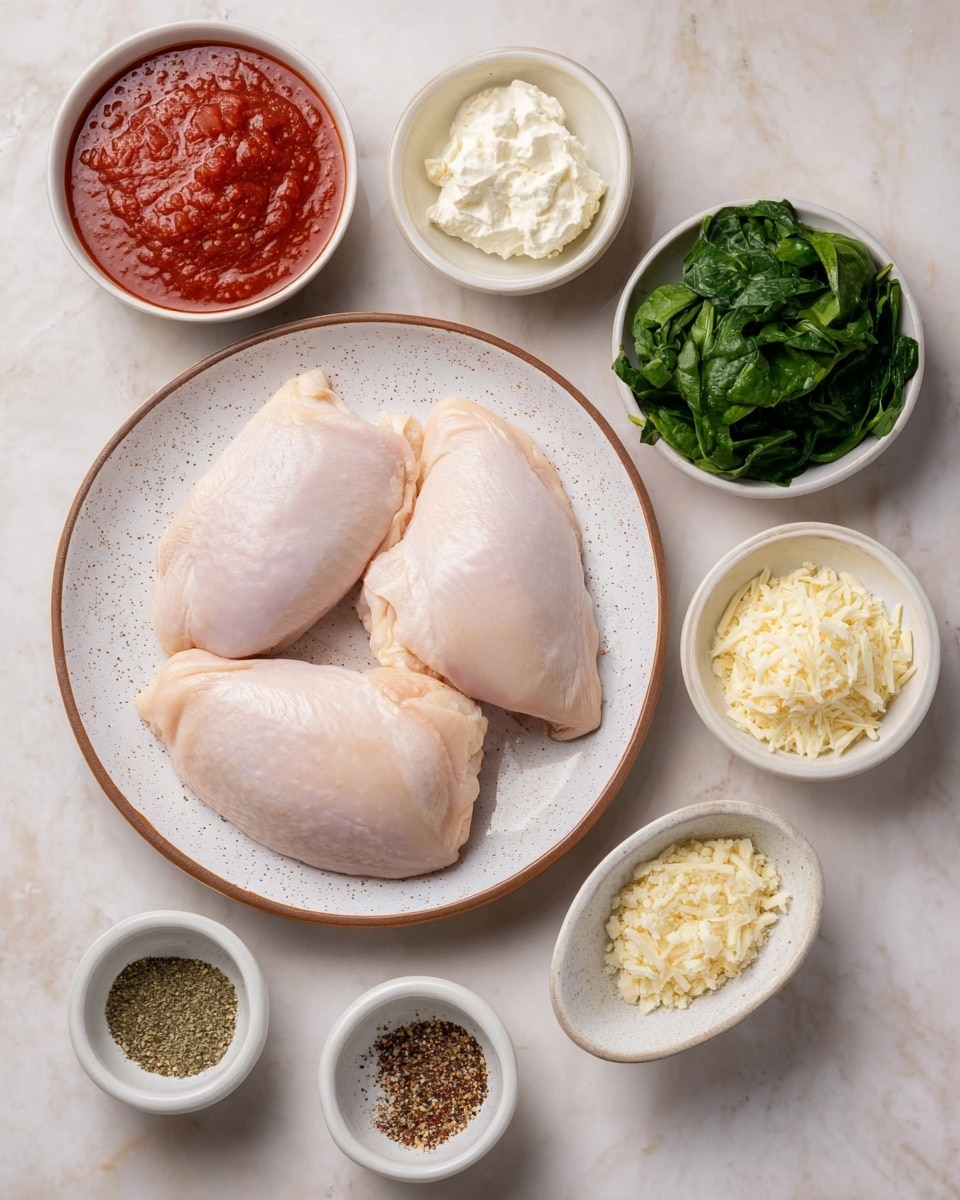The image shows three raw chicken pieces placed side by side on a white speckled plate with a thin brown rim, positioned on a white marbled surface. Around the plate, there are six small white bowls: one with red tomato sauce, one with chopped fresh green spinach, one with a creamy white soft cheese, one with grated pale yellow cheese, one with minced garlic, and one with mixed dry spices including black pepper, dried herbs, salt, and chili flakes. The bowls are neatly arranged in a semi-circle below and to the right of the plate. Photo taken with an iphone --ar 4:5 --v 7