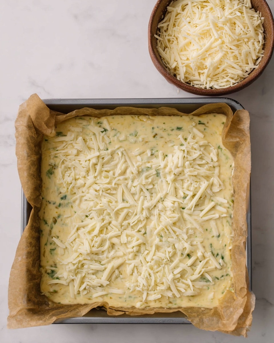 A square metal baking tray lined with brown parchment paper holds a thick, pale yellow mixture with visible small green bits throughout, topped evenly with loose, creamy white shredded cheese. Beside the tray, on the upper right, there is a brown bowl filled with more shredded cheese. All this is placed on a white marbled surface photo taken with an iphone --ar 4:5 --v 7