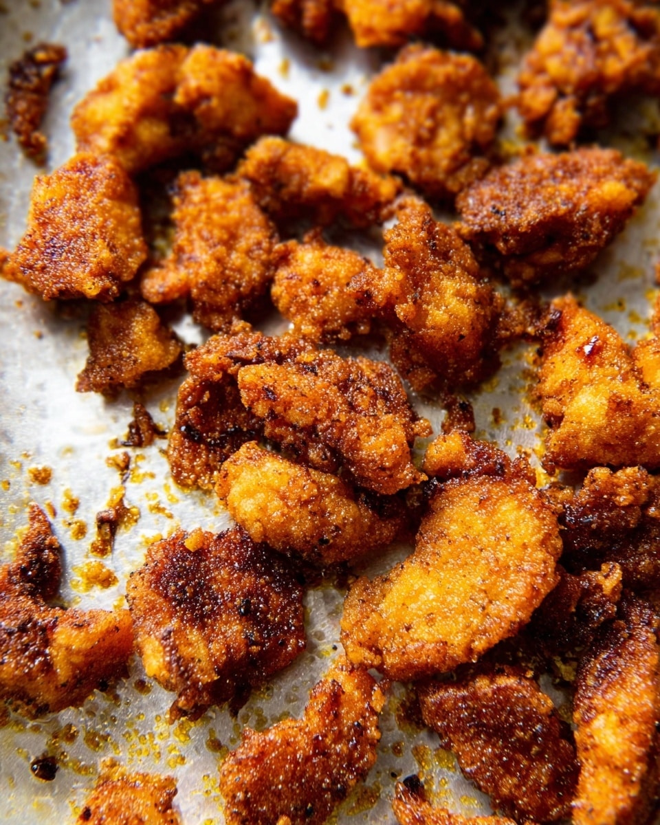The image shows many small pieces of fried food with a rough and crispy texture, colored in deep golden brown to dark brown. The fried pieces vary in shape, mostly irregular, and they cover a flat cooking surface with some oil shine and small cooked bits around them. The colors range from lighter golden edges to darker crispier spots on top. The background is a white marbled texture. photo taken with an iphone --ar 4:5 --v 7