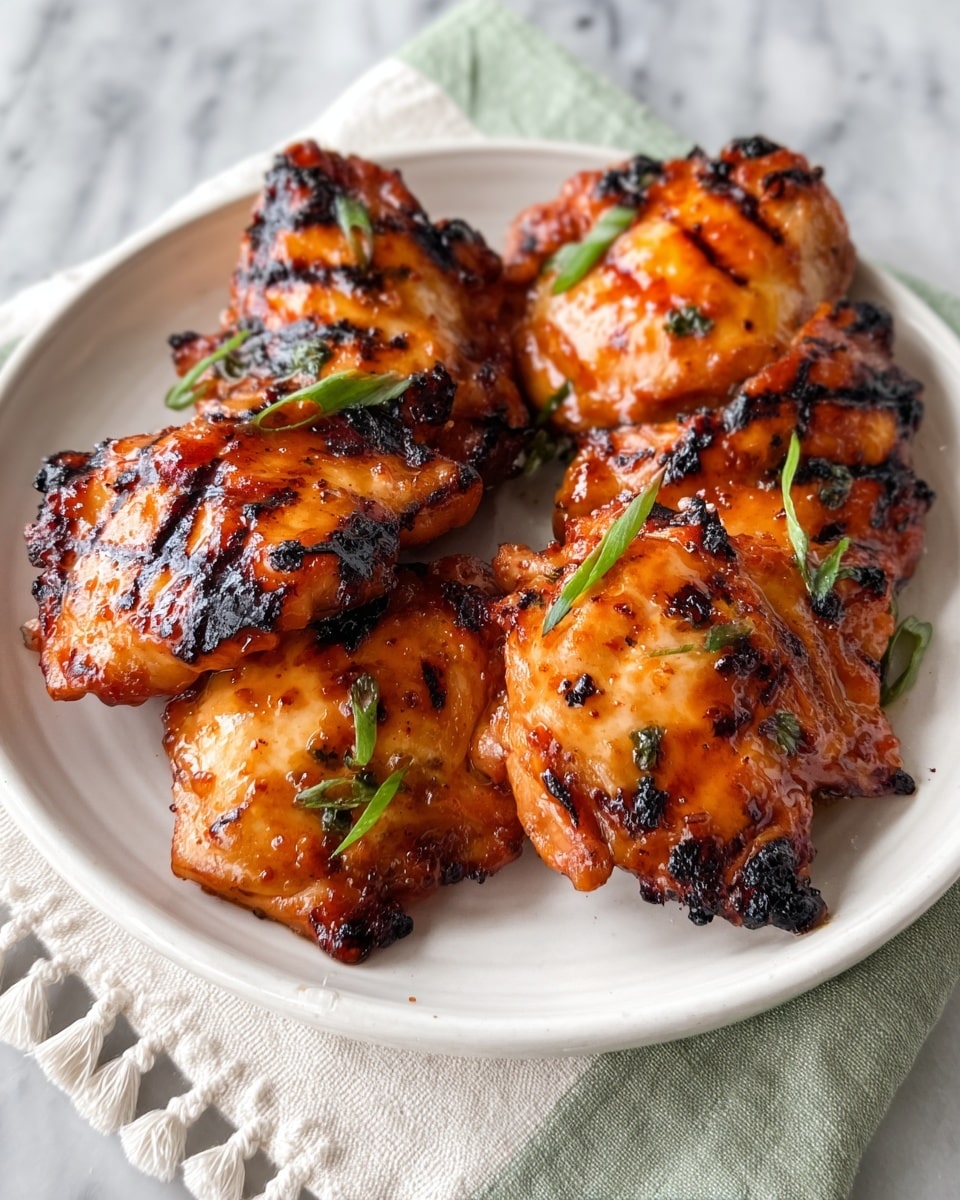 A white plate holds five pieces of grilled chicken thighs with a shiny, orange-brown glaze. The chicken has dark grill marks and some charred edges. Small green onion slices are sprinkled on top, adding a fresh touch of green color. The plate rests on a light-colored cloth with a pom-pom trim, placed on a white marbled surface. photo taken with an iphone --ar 4:5 --v 7