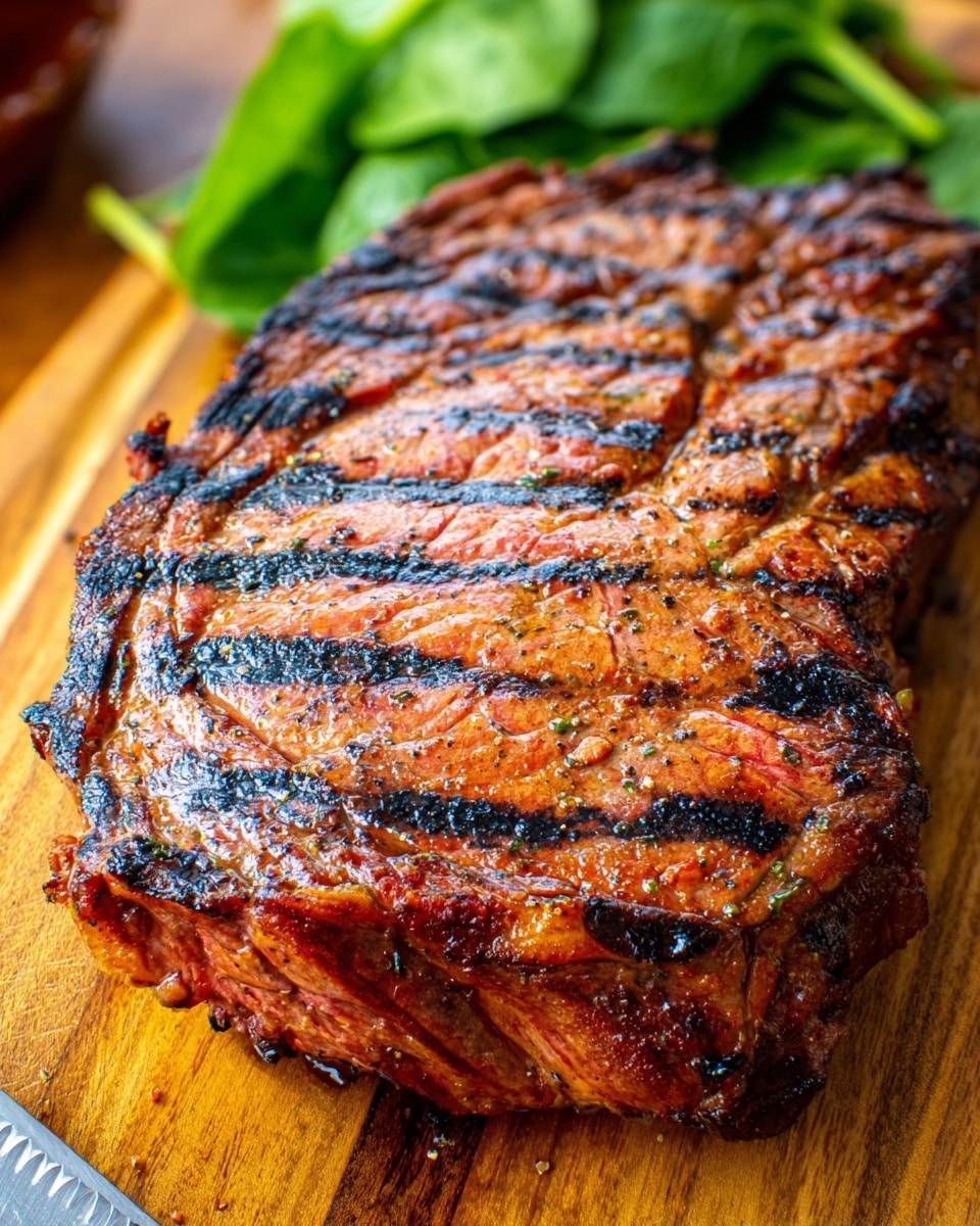 A large grilled steak with visible char marks sits on a wooden board. The steak has a reddish-brown color with areas of blackened grill lines and crisp edges. The surface is slightly shiny with seasoning specks scattered across it. In the background, some fresh green spinach leaves are partially visible, and a serrated knife is placed on the wooden board near the steak. The texture of the steak looks tender but firm. Photo taken with an iphone --ar 4:5 --v 7