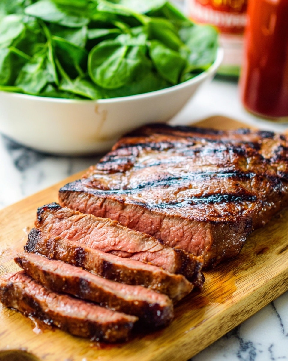 A piece of grilled steak sliced into thick pieces lies on a wooden cutting board. The steak shows a rich brown outside with grill marks and a pink center, indicating it is cooked medium. Behind the cutting board to the left is a white bowl filled with fresh green spinach leaves, and to the right, there is a blurry red bottle, likely a condiment. The setting is on a white marbled surface. Photo taken with an iphone --ar 4:5 --v 7