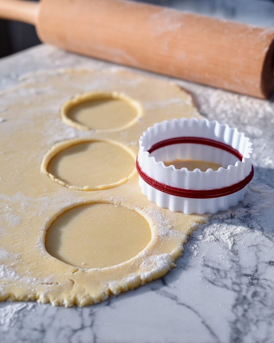 The image shows a close-up of dough rolled out flat on a white marbled surface, lightly dusted with flour. There are three circular pieces cut out from the dough, each showing a pale yellow color with a soft texture. A white round cutter with scalloped edges and a red band in the middle is placed upright on the dough, ready to cut more circles. The background shows a blurred rolling pin on the countertop behind the dough. photo taken with an iphone --ar 4:5 --v 7
