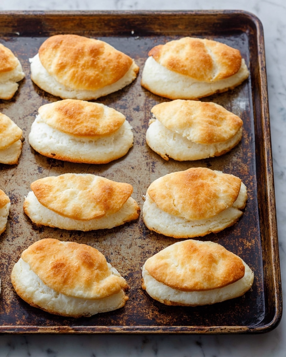 The image shows a baking tray with eleven small folded biscuits arranged on it. Each biscuit has two layers with a puffy, soft texture; the bottom layer is thicker and pale creamy white, while the top layer is slightly thinner with a golden-brown toasted surface. The biscuits are crescent-shaped with rounded edges, and the tray underneath has a worn, dark metal look with patches of oil stains. The photo is taken on a white marbled surface. photo taken with an iphone --ar 4:5 --v 7