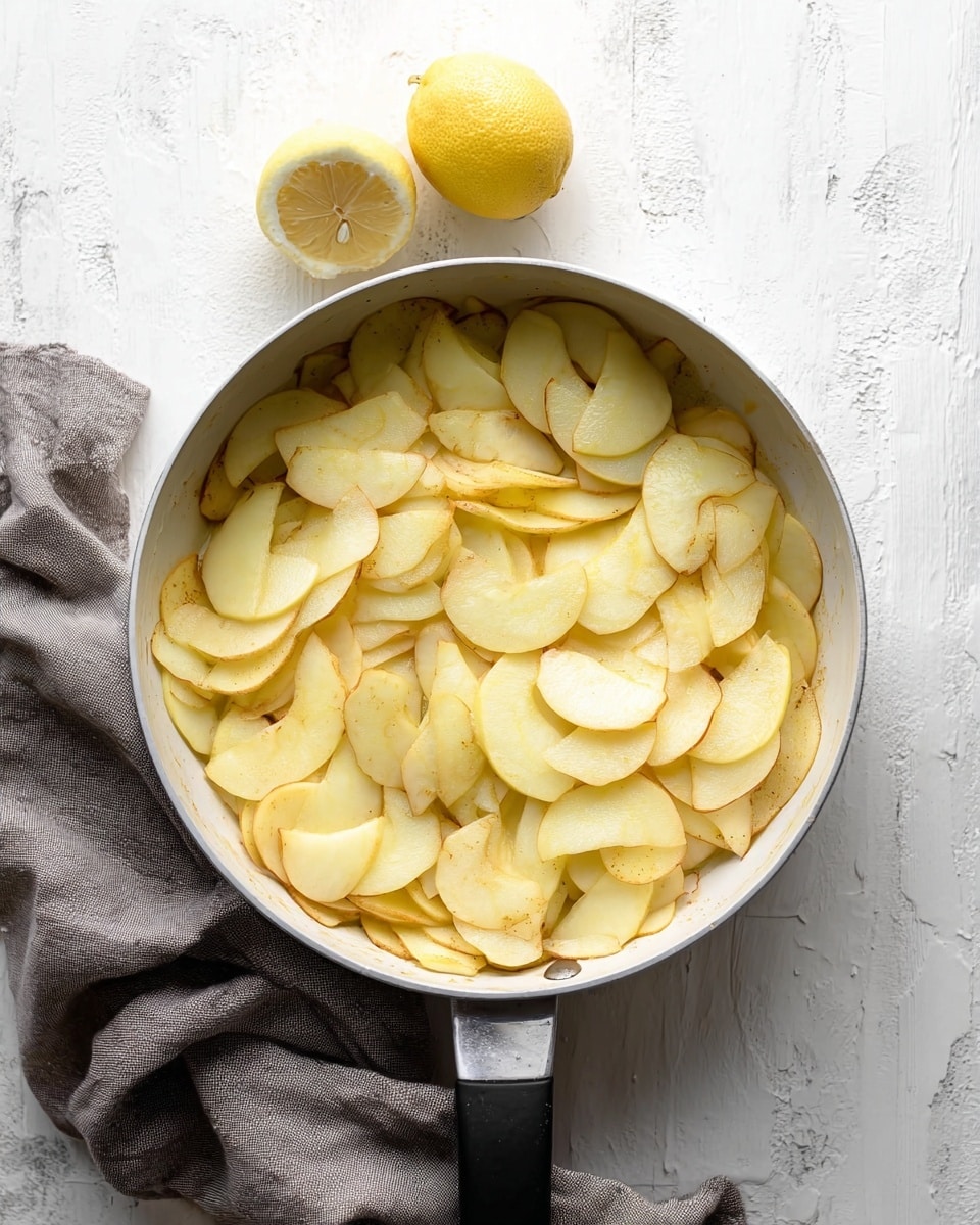 A white pan filled with many thin, light yellow apple slices, some slightly browned, layered loosely filling the pan to the top. The pan has a black handle and is placed on a white marbled textured surface with a gray cloth to the left. Above the pan, a half lemon with a bright yellow color sits on the white marbled surface. Photo taken with an iphone --ar 4:5 --v 7