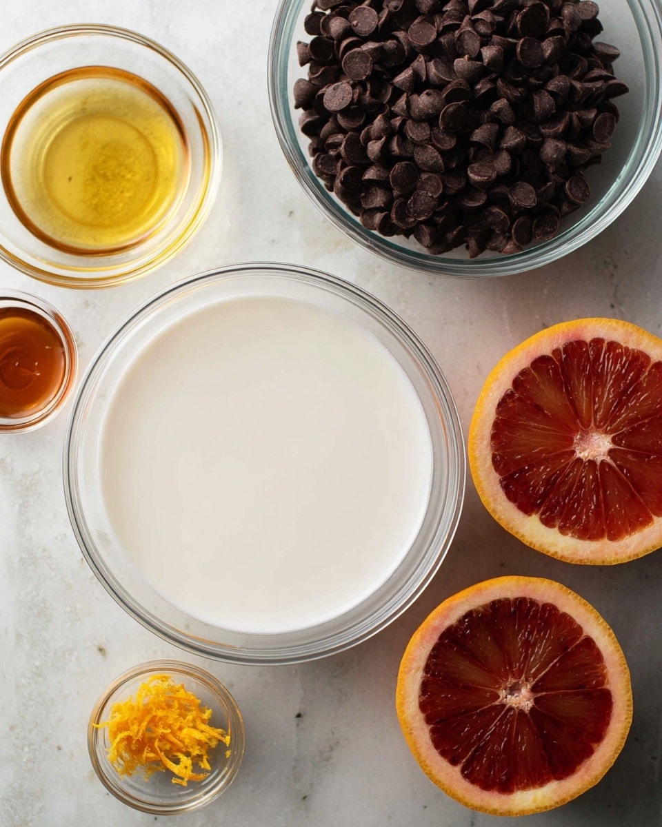 The image shows a top view of several glass bowls on a white marbled surface. The largest bowl in the center holds a smooth, white liquid that looks like milk or cream. Above it is a medium bowl filled with dark brown chocolate chips, small and rounded. To the right, two halves of a bright red and orange blood orange sit close together, showing their juicy, segmented inside. Around these main items are smaller bowls—the top left has a golden liquid, the bottom right holds some orange-yellow zest, and below that is another bowl containing a small amount of brown liquid. The arrangement is clean and simple with natural lighting, photo taken with an iphone --ar 4:5 --v 7