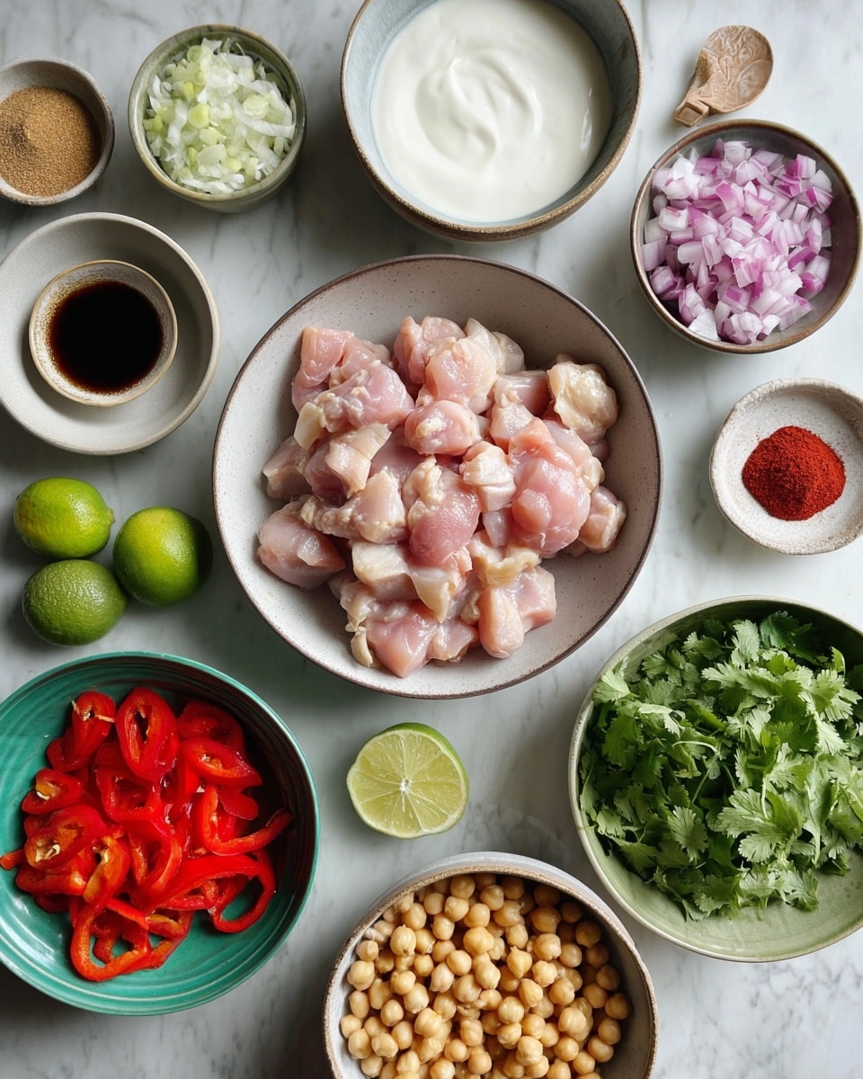 The image shows a top view of several bowls and dishes with fresh ingredients on a white marbled surface. In the center is a large bowl with light pink raw chicken pieces, surrounded by smaller bowls including one with white yogurt or cream, one with sliced red bell peppers, one with chopped red onions, a small bowl of chopped garlic, a medium white bowl filled with fresh green cilantro leaves, and a green bowl full of beige chickpeas. There are also two lime halves, a small bowl of brown sugar, a small bowl with two red paste dollops, and a small bowl with dark liquid, possibly soy sauce. The setting is clean and organized, with the bowls showing soft natural colors and textures. Photo taken with an iphone --ar 4:5 --v 7