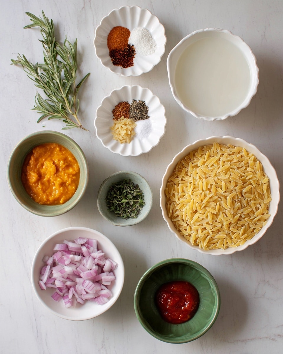 Several small bowls with different ingredients are shown on a white marbled surface. There is a bowl full of light yellow orzo pasta on the bottom right, a white bowl with diced red onions below it, and a small green bowl with crushed ginger to the left. Above that, a white bowl contains a smooth orange puree. Next to it, a small white bowl has fresh green rosemary leaves, while another white bowl holds small green thyme leaves below it. Above those, a white scalloped bowl has three different spices arranged in sections: black pepper, white salt, and a reddish-brown spice. To the right of the spice bowl, a large white bowl contains a white liquid, and below the spice bowl, a small green bowl has red tomato paste. photo taken with an iphone --ar 4:5 --v 7