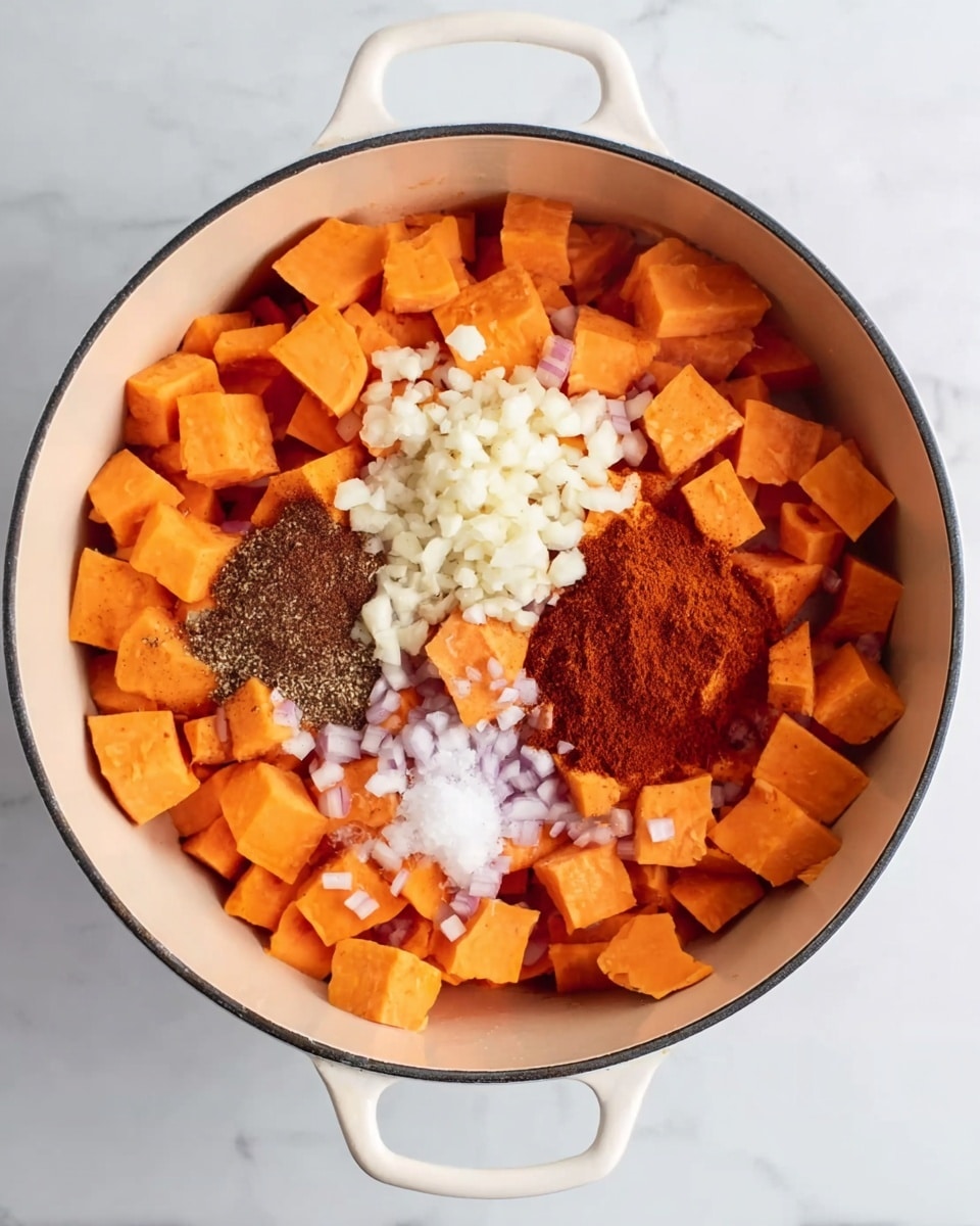 A white pot filled with several layers of bright orange cubed sweet potatoes scattered evenly as the base layer. On top of the sweet potatoes, there is a small mound of finely chopped white garlic pieces placed in the center. Surrounding the garlic, there are finely chopped light purple shallots mixed within the sweet potatoes. To one side of the garlic, a cluster of dark brown granulated seasoning is sprinkled, and to the right, a larger pile of reddish-brown paprika powder rests on the sweet potatoes. Small piles of white salt crystals are spread near the seasoning powders. The pot rests on a white marbled surface. photo taken with an iphone --ar 4:5 --v 7
