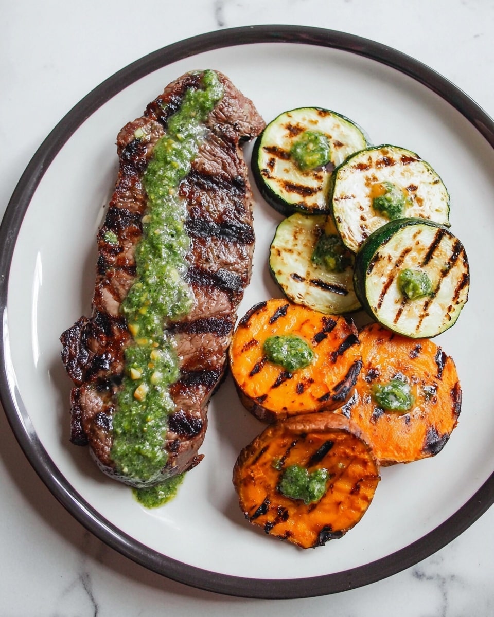 The image shows a white plate on a white marbled surface holding a grilled meal with three main parts: on the left, a piece of grilled steak with dark grill marks and juices, topped with bright green herb sauce; on the top right, two slices of grilled zucchini, light green with some charred spots, also topped with green sauce; on the bottom right, two grilled sweet potato slices with deep orange color and dark grill lines, each covered with the same green herb sauce. The textures contrast between the juicy meat, tender zucchini, and soft sweet potato slices. Photo taken with an iphone --ar 4:5 --v 7