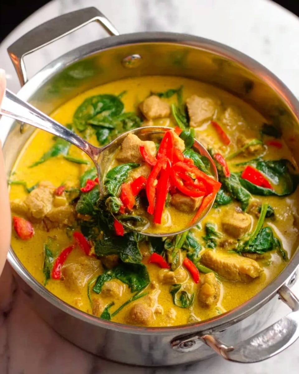 The image shows a shiny metal pot filled with a thick yellow curry, with chunks of light brown meat and bright green spinach leaves mixed in. On top of the curry, there are red sliced chili peppers, adding a pop of color. A silver spoon is dipped into the curry, held by a woman's hand on the left side. The pot is placed on a white marbled surface. Photo taken with an iphone --ar 4:5 --v 7