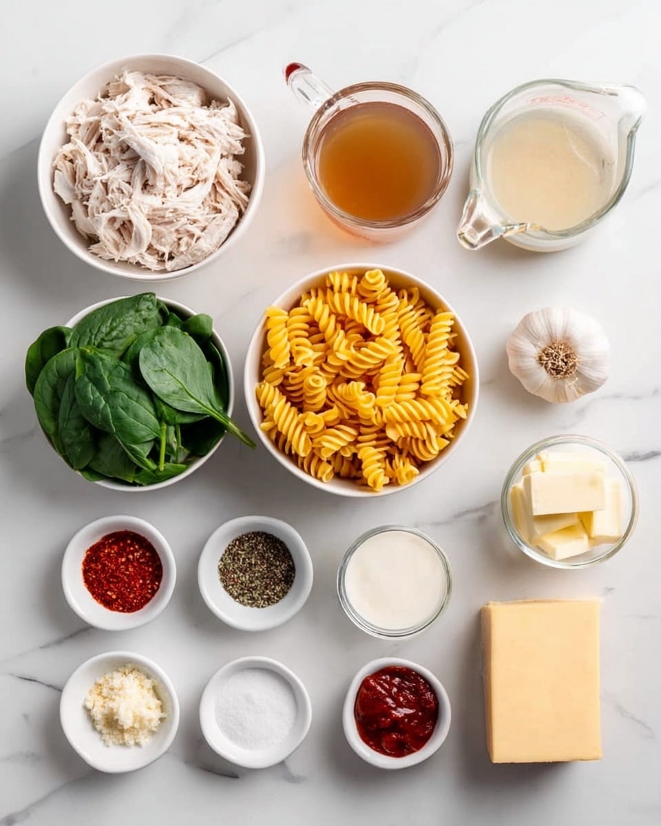 The image shows an overhead view of several small white bowls and glass containers with different cooking ingredients neatly arranged on a white marbled surface. At the center, there is a bowl filled with cooked spiral pasta that is golden yellow in color. Above it, there is a clear glass measuring cup with light brown broth. To the left of the pasta bowl, a white bowl contains shredded white chicken meat. Below the chicken is a bowl full of fresh green spinach leaves. Small white dishes hold red pepper flakes, ground black pepper, salt, granulated garlic, and a bright red tomato paste. There is also a small dish with light yellow butter and a block of pale yellow cheese. A bulb of garlic and a measuring cup with cream are included as well. The items are spaced evenly, creating a clean, organized look. photo taken with an iphone --ar 4:5 --v 7
