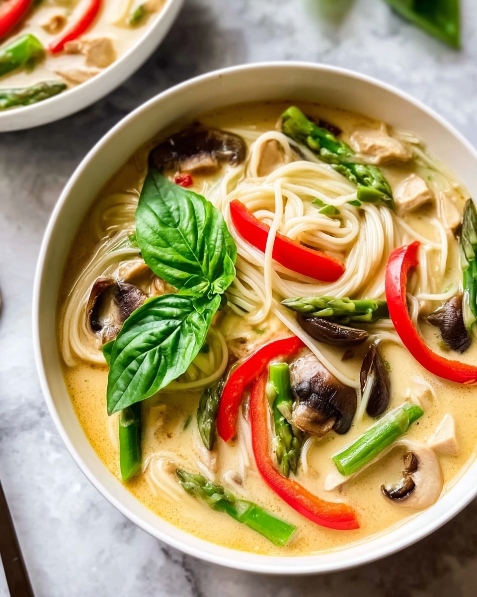A white bowl holds a creamy soup with layers of light yellow broth, long white noodles, small chunks of light beige chicken, slices of dark brown mushrooms, bright green asparagus, red bell pepper strips, and a large fresh green basil leaf on top. The bowl sits on a white marbled surface with a small part of another similar bowl visible in the background. Photo taken with an iphone --ar 4:5 --v 7