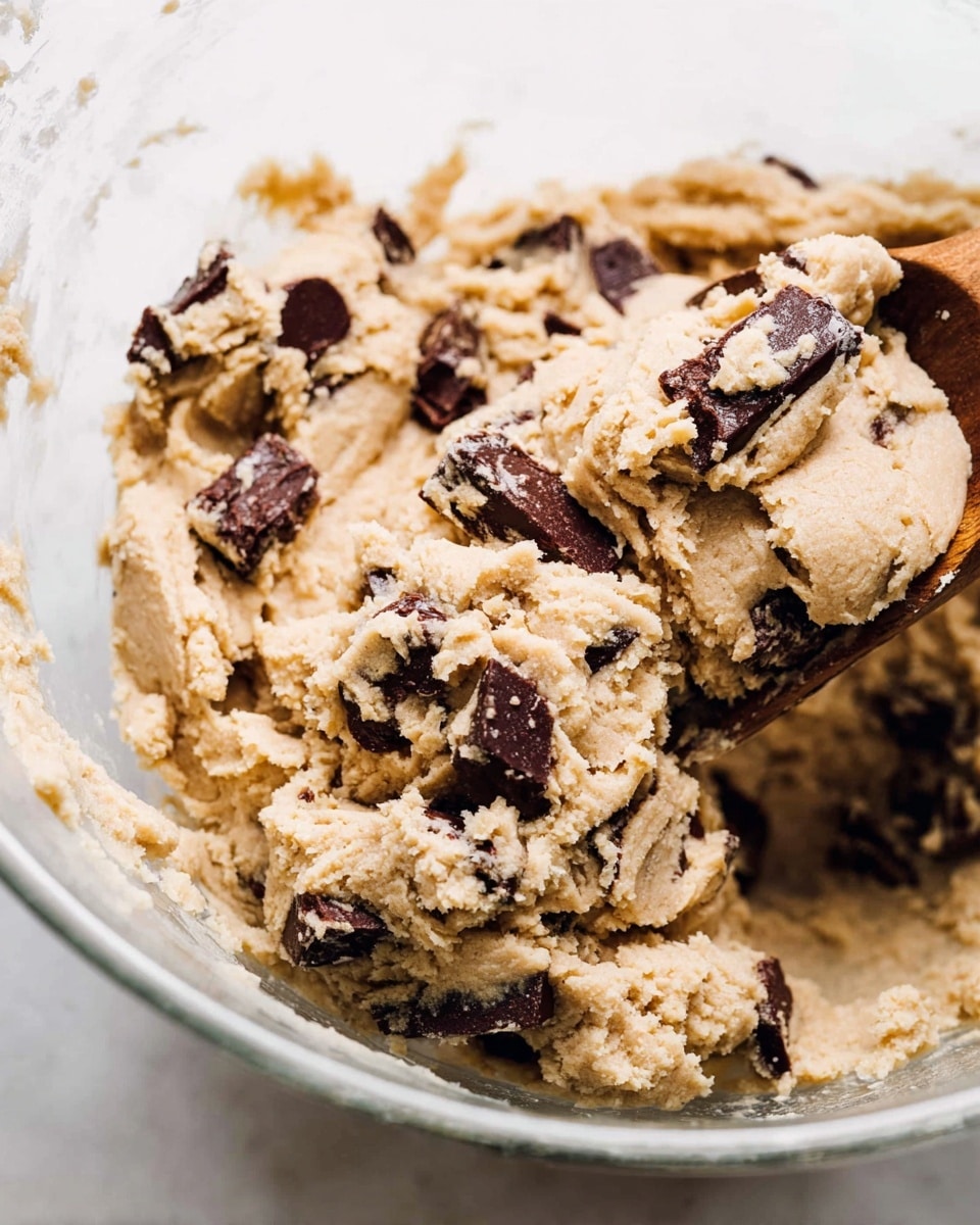 The image shows a close-up of thick, creamy cookie dough inside a clear glass bowl placed on a white marbled surface. The dough is light brown with many dark brown chocolate chunks mixed evenly throughout. A wooden spoon is scooping some dough from the right side, showing the dough's soft, textured surface filled with chocolate pieces. The bowl is mostly filled with dough, and the light highlights the rich, slightly grainy texture. Photo taken with an iphone --ar 4:5 --v 7