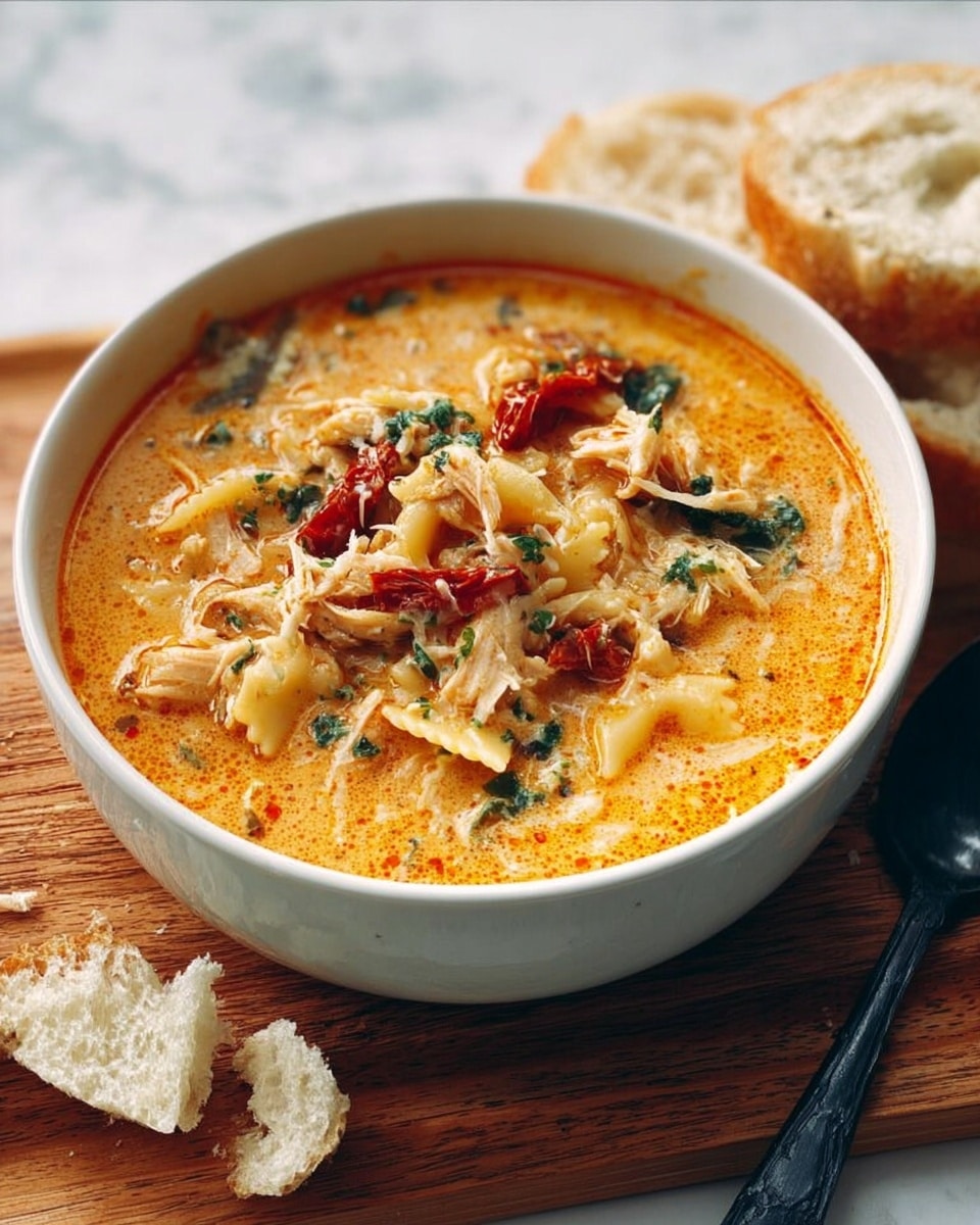 A white bowl filled with creamy orange soup, showing visible chunks of pasta, small bits of green herbs, pieces of red sun-dried tomatoes, and shredded light-colored meat mixed in the soup. The bowl sits on a wooden board with torn pieces of bread nearby, and a dark spoon rests on the right side of the board. The background is a white marbled surface. photo taken with an iphone --ar 4:5 --v 7