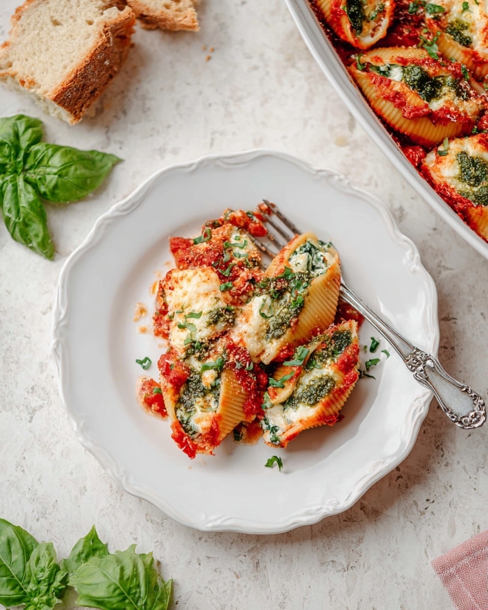 A white baking dish is filled with large pasta shells layered with bright red tomato sauce at the bottom, followed by green pesto mixed with cheese filling inside each shell. The top of the shells is covered with melted, slightly browned white cheese, and fresh green basil leaves are placed both inside and on top for garnish. The dish sits on a white marbled surface photo taken with an iphone --ar 4:5 --v 7